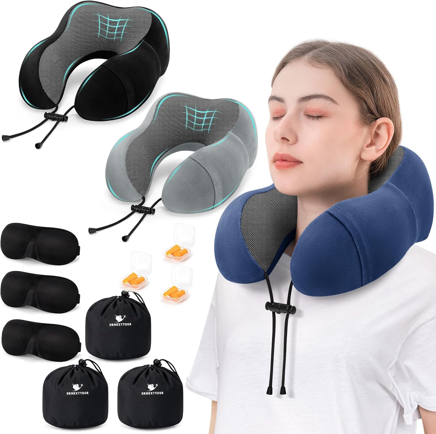 Travel Pillow for Airplane Memory Foam Pillow, 3 Pack Neck Pillow for Travelling with Eye Mask, Earplugs and Storage Bag, Sleeping Rest, Car, Train and Home Use Fleece, Black&Blue&Grey Travel Pillow for Airplane Memory Foam Pillow, 3 Pack Neck Pillow for Travelling with Eye Mask, Earplugs and Storage Bag, Sleeping Rest, Car, Train and Home Use Fleece, Black&Blue&Grey
