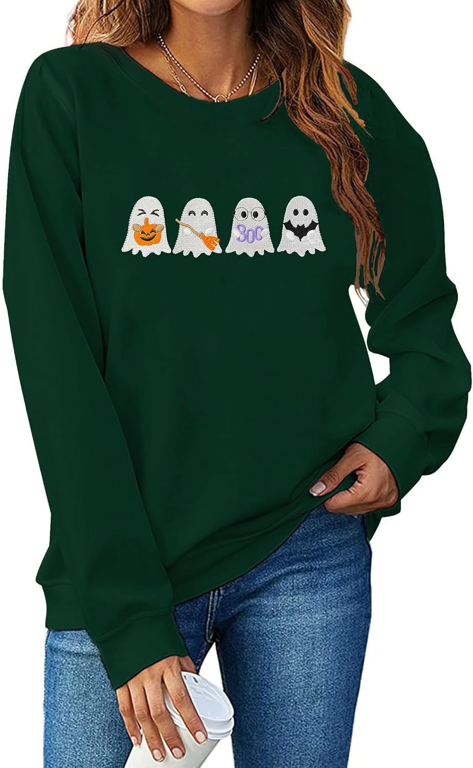 Halloween Sweatshirts for Women Halloween Ghost Long Sleeve Shirt Crew Neck Embroidered Spooky Season Pullover Tops