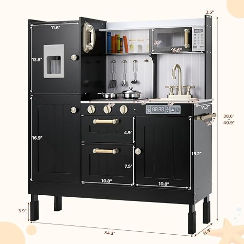 Miniatura 2 de Cocina de juego de madera para niños, juego de juguetes de cocina vintage para niños pequeños con teléfono de simulación, máquina de hielo,