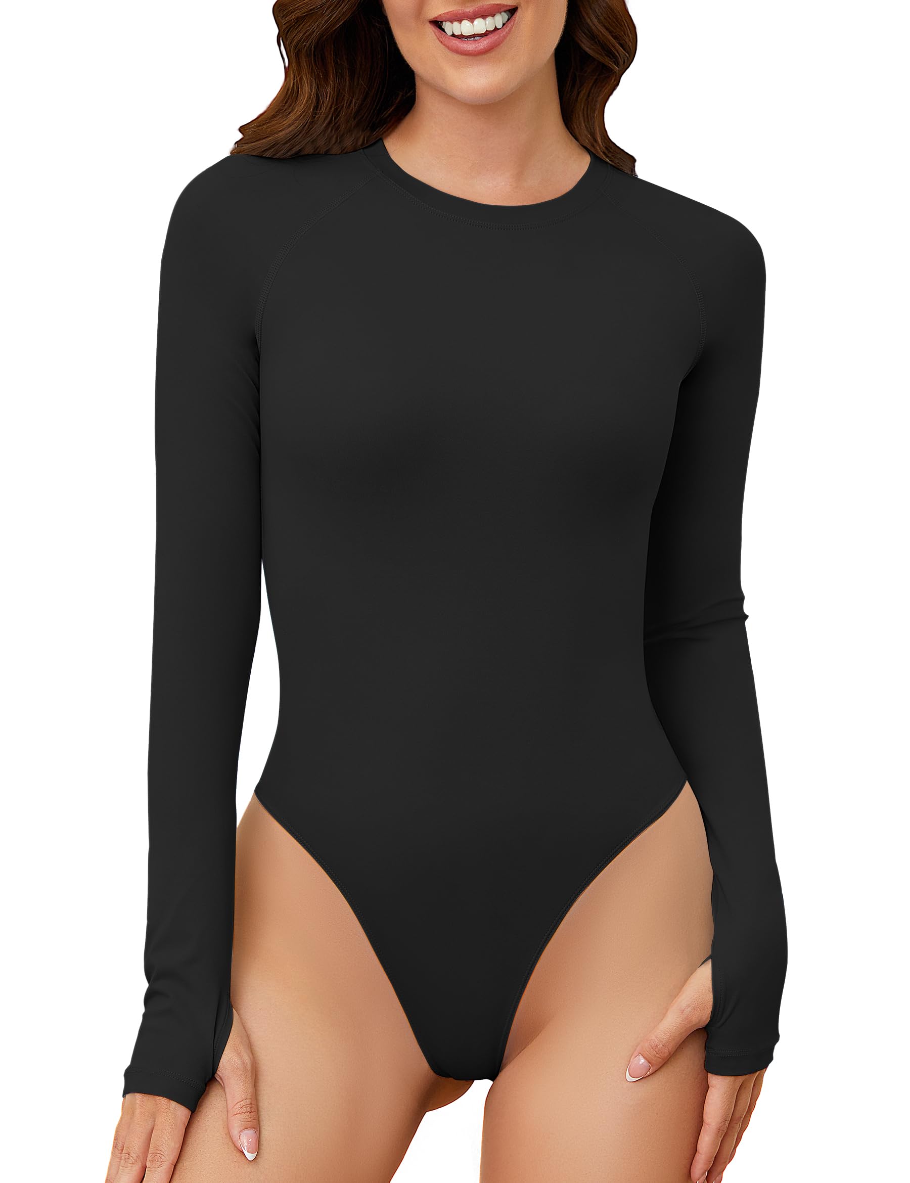 Long Sleeve Bodysuit for Women Seamless Compression Shirts Crew Neck Workout Bodysuits Top Womens Thong Body Suit