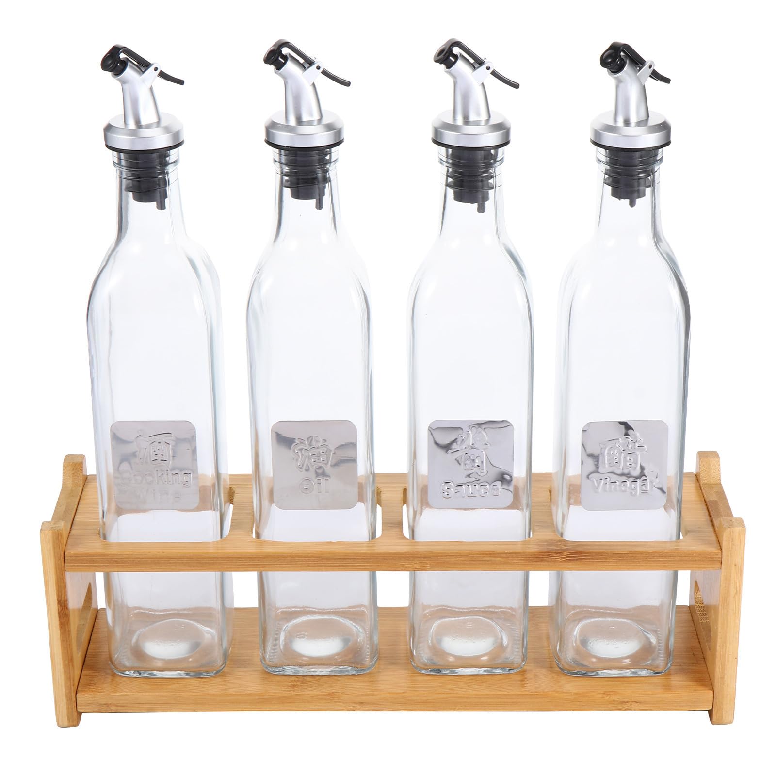 Ciieeo Ölflasche aus Glas und Edelstahl 500ml Auslaufsicher 5 Stück mit Holz Aufbewahrungsregal für Öl und Essig für Küche