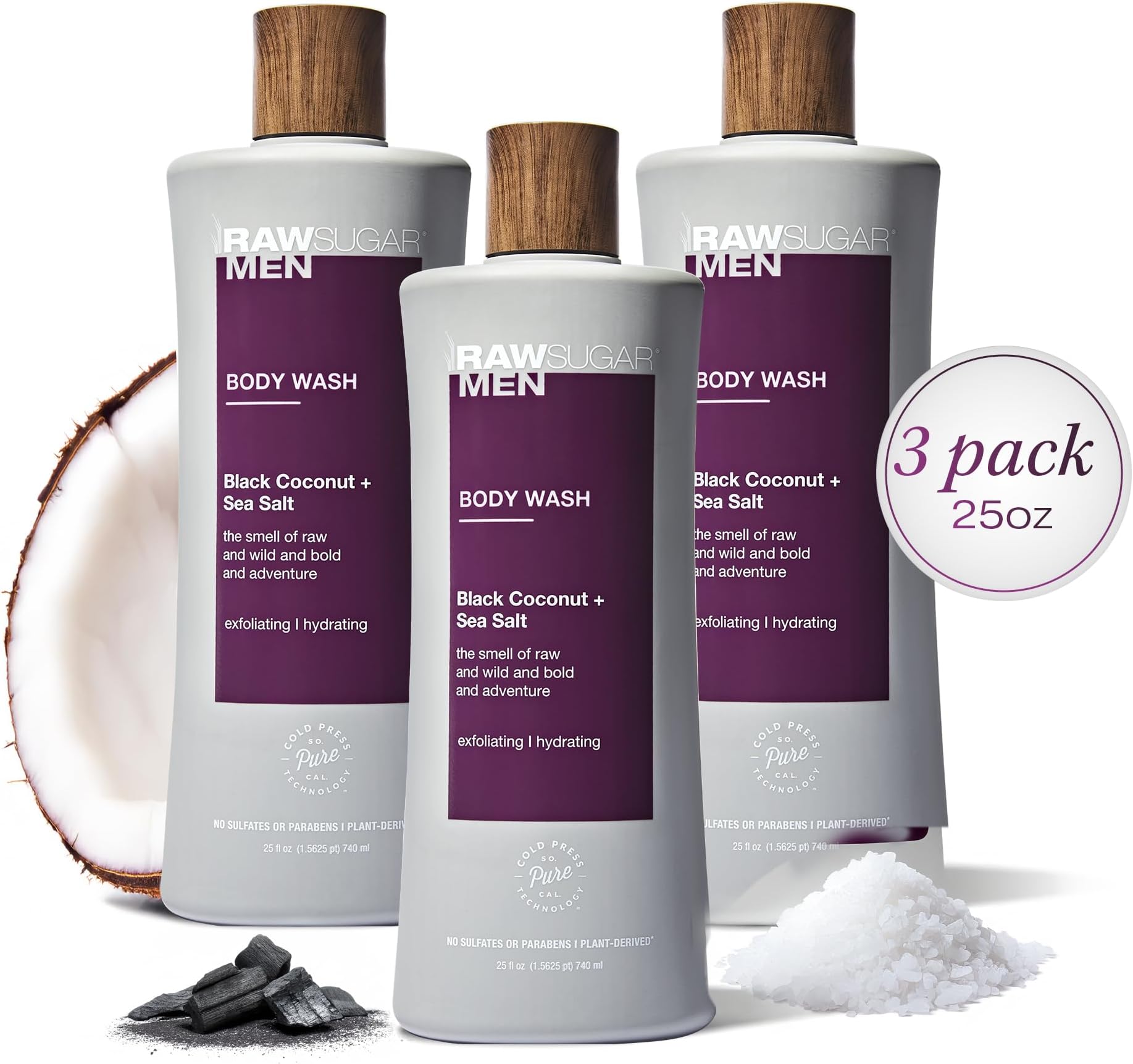 RAW SUGAR 3-Pack Body Wash Men - Black Coconut + Sea Salt Exfoliating and Hydrating Body Wash, Formulated without Parabens, Cruelty Free and Vegan