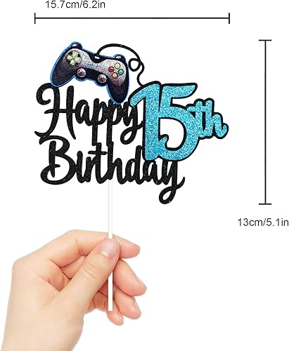 Miniatura 4 de Decoración para pastel de cumpleaños de 15 años, diseño de videojuegos para niños, suministros para tartas azules, decoración de fiesta ganadora de