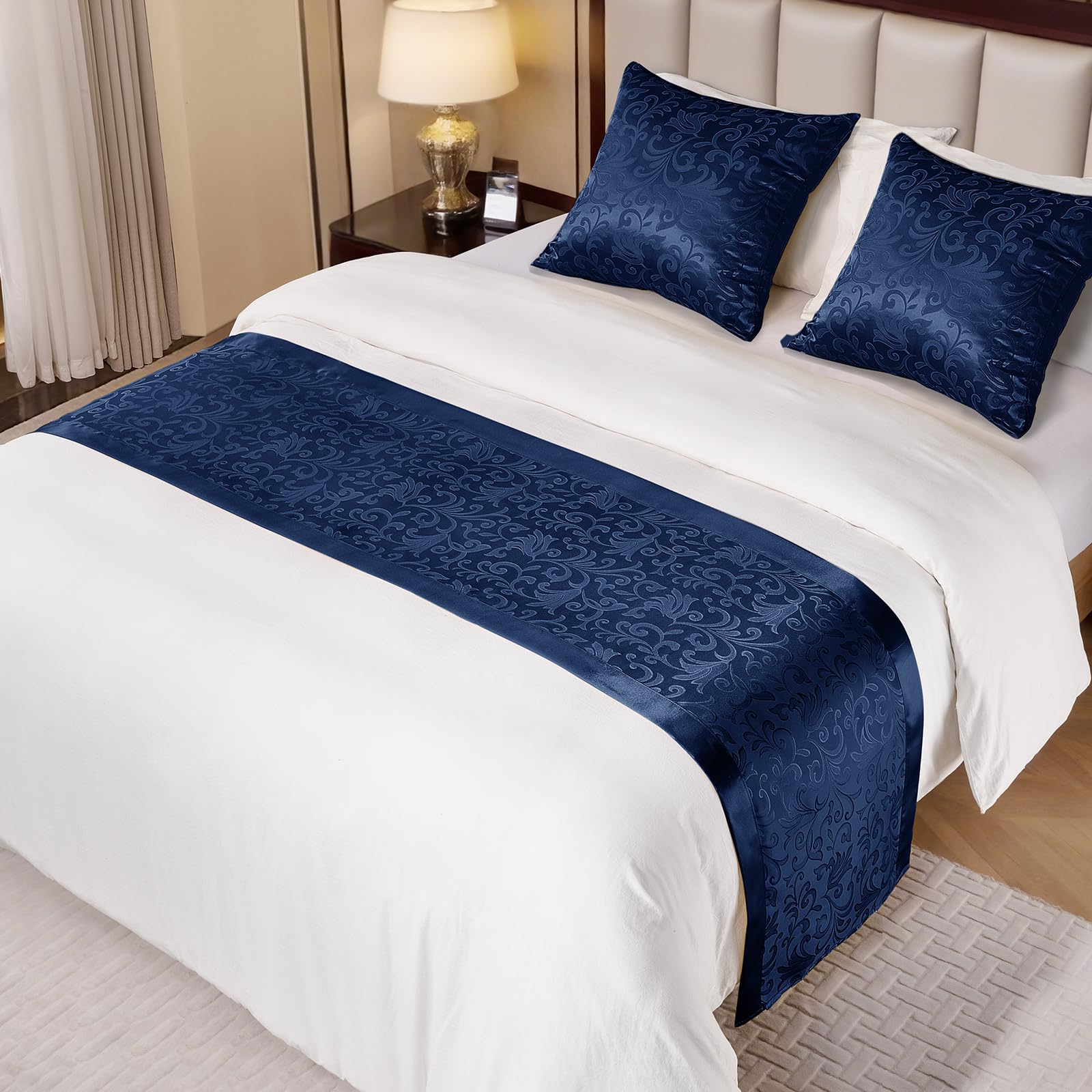 Navy Blue Satin Bed Runner for King Size Beds, 50 x 240cm(20" x 94") Jacquard Bed Scarf Satin Bedding Scarves for Hotel, Home, Guesthouse-picture-28