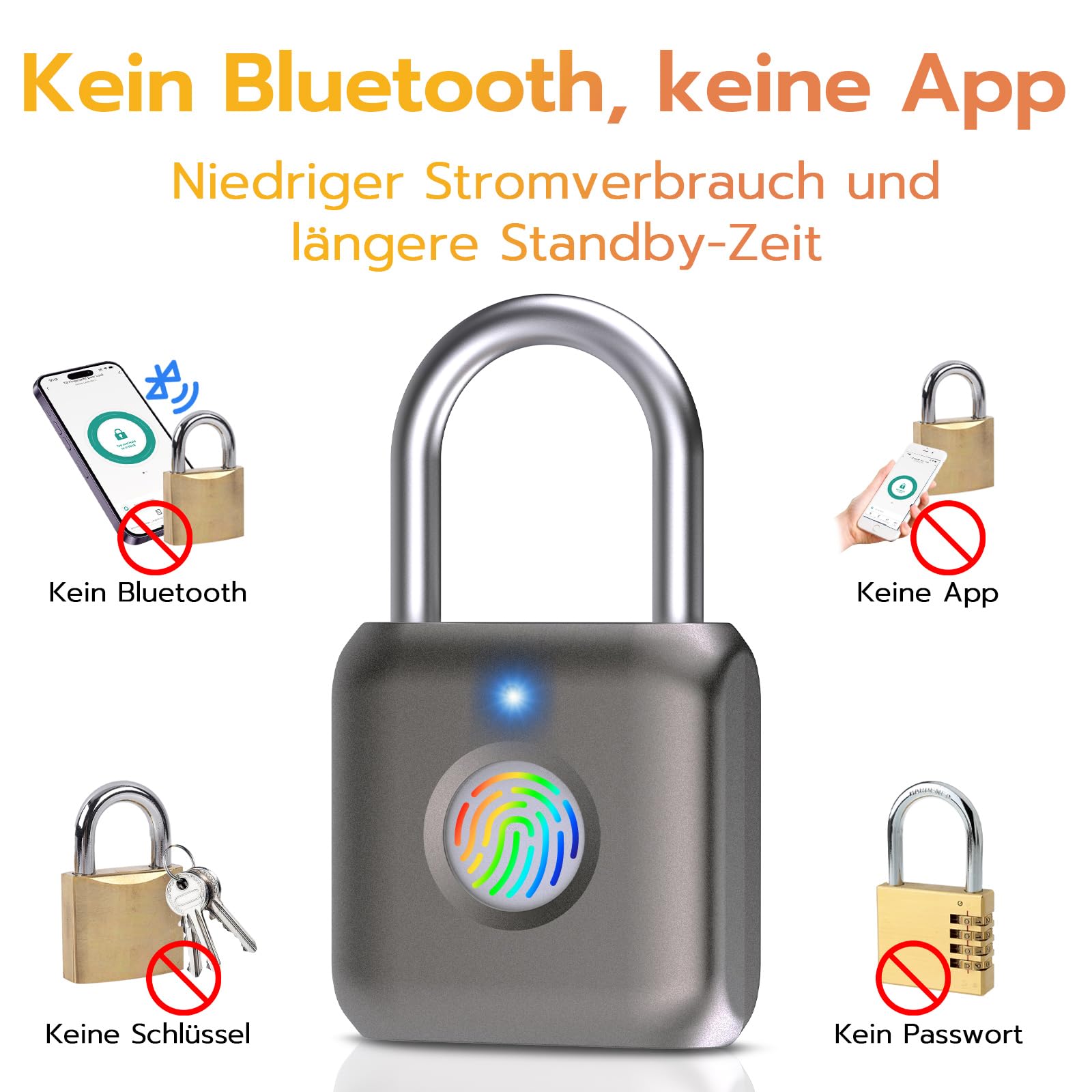 Anweller Fingerabdruck Vorhängeschloss Smart Schloss Klein für Gym, Büro, Schrank u.v.m in Grau