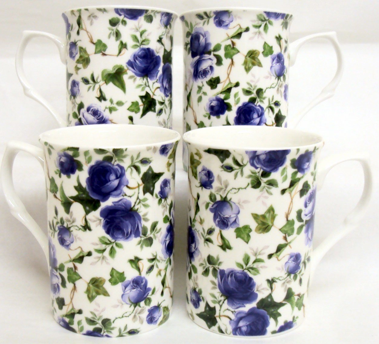 Ivy Rose Blue Mugs Set 4 Fine Bone China Blue Roses Mugs Hand Decorated in UK