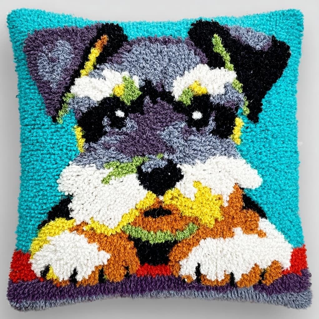 Henypt 43x43cm Latch Hook Cushion Making Kit,Schnauzer Dog Printed Canvas Latch Hook Soft Yarn Pillow Set,Ideal Creative Gift for Adults