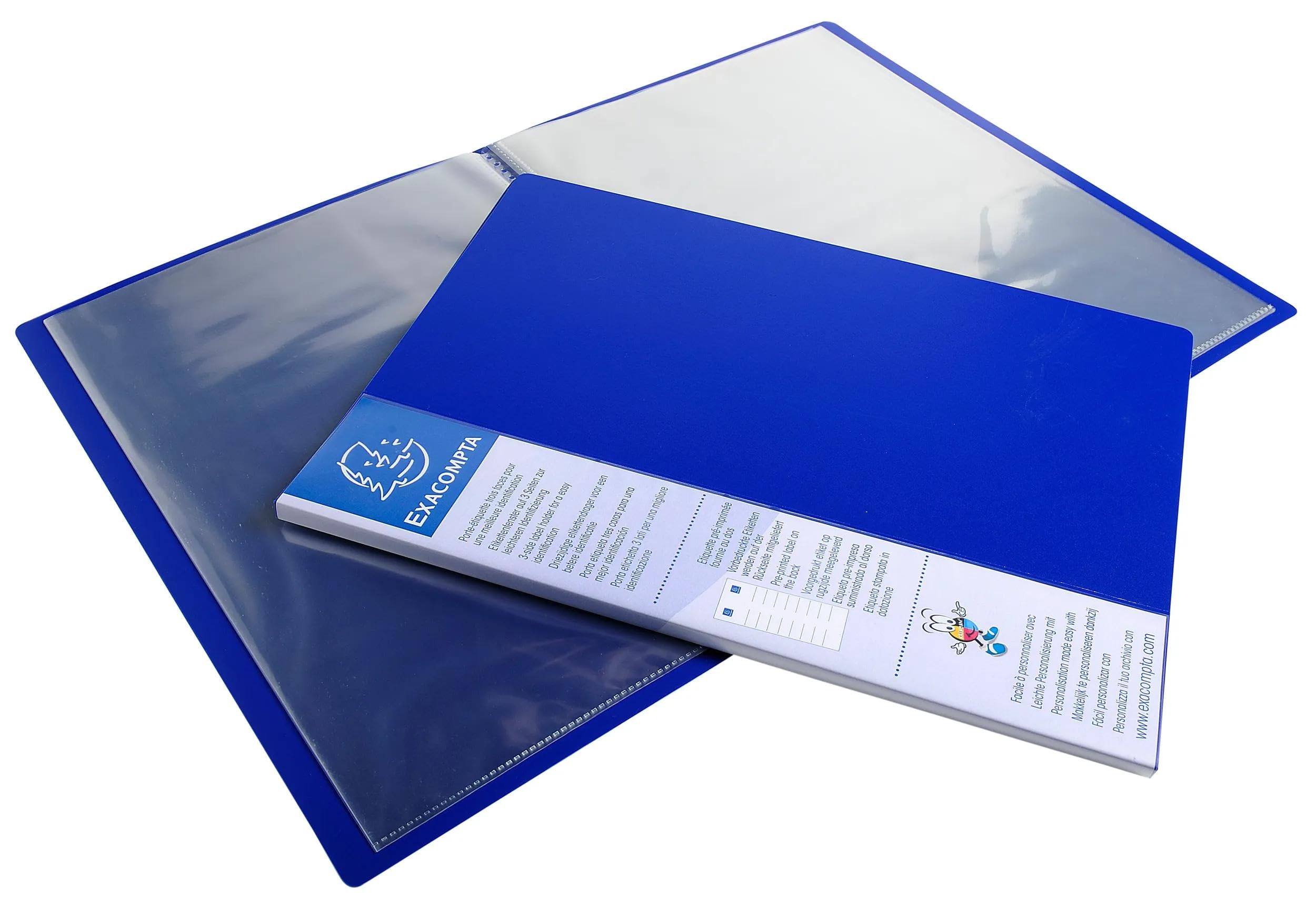 Exacompta 88202E 20er Pack Sichtmappe up-line aus Festem PP 800µ mit 20 Hüllen und etikett auf 3 Seiten für DIN A4 blau Perfekt für die Schule und das Büro Aktenhülle Prospekthülle