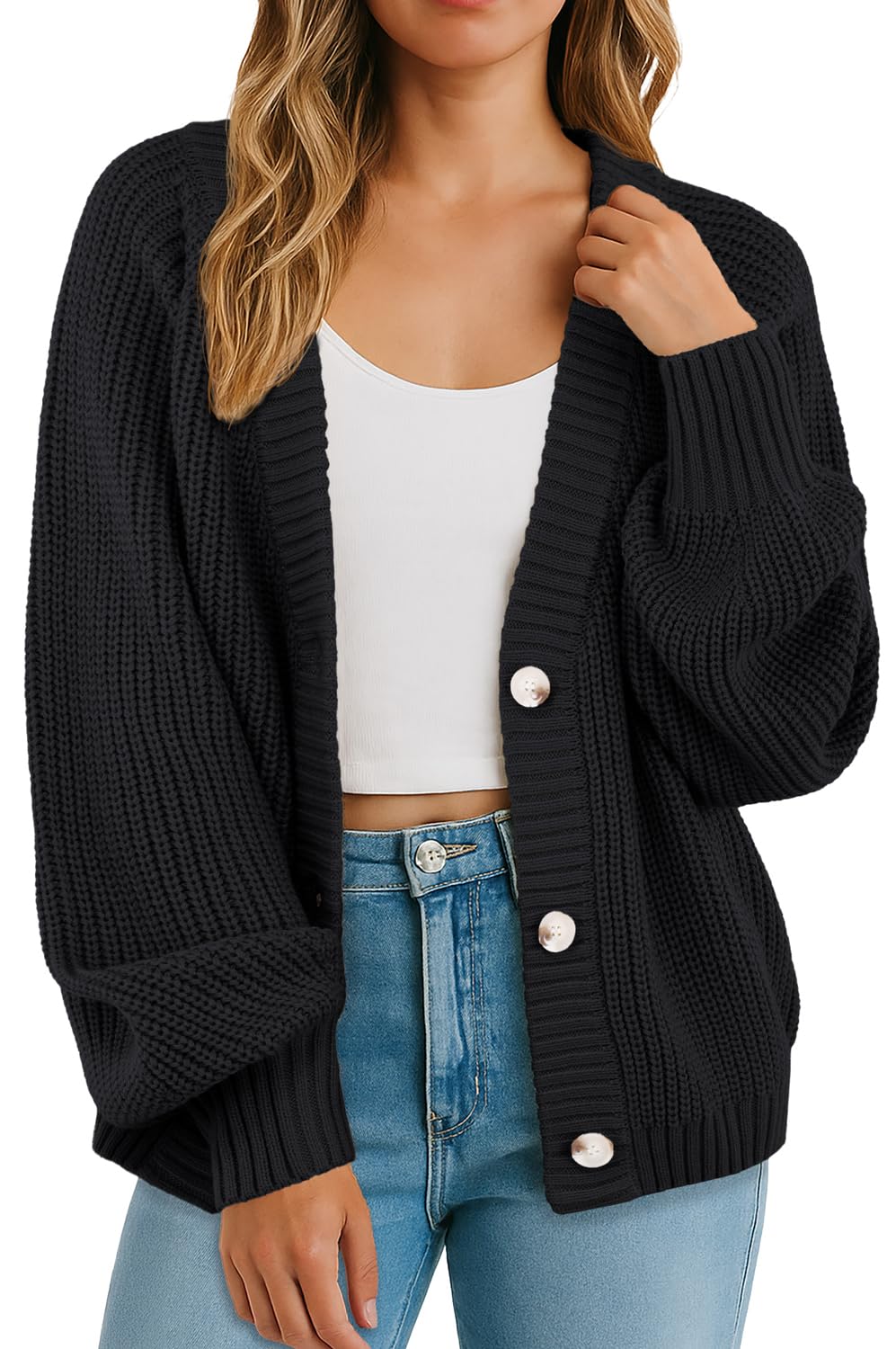 GRECERELLE Womens Cardigan Sweater Thick Knitted Open Front Long Sleeve Button Up Loose Casual Oversized Outerwear S-2XL