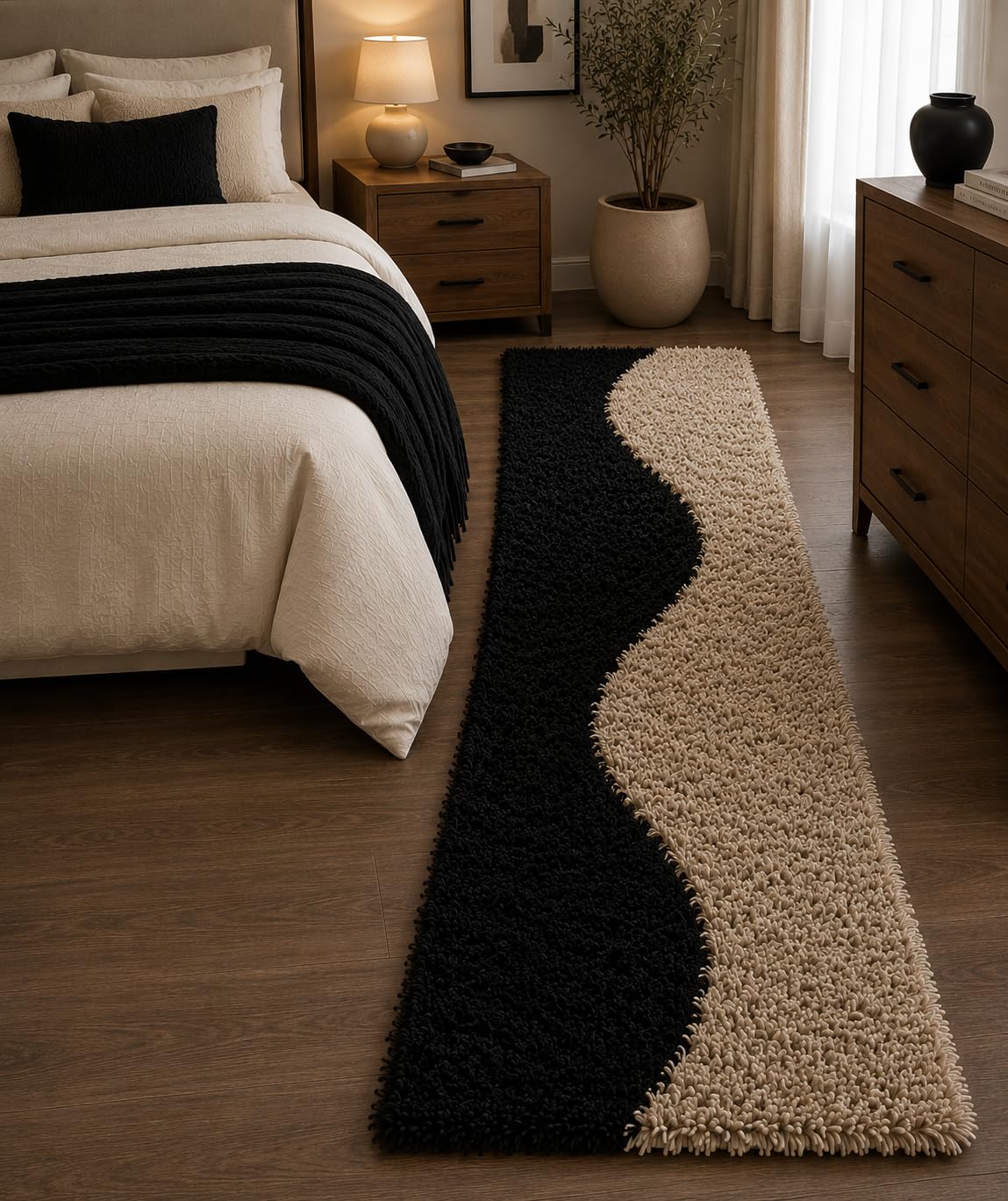 Naze Modern Navy Blue & Grey Wave Shag Rug | Soft Plush Bedroom Carpet | Luxury Abstract Area Rug 1.5x4 feet-Beige Black Wave-image-24