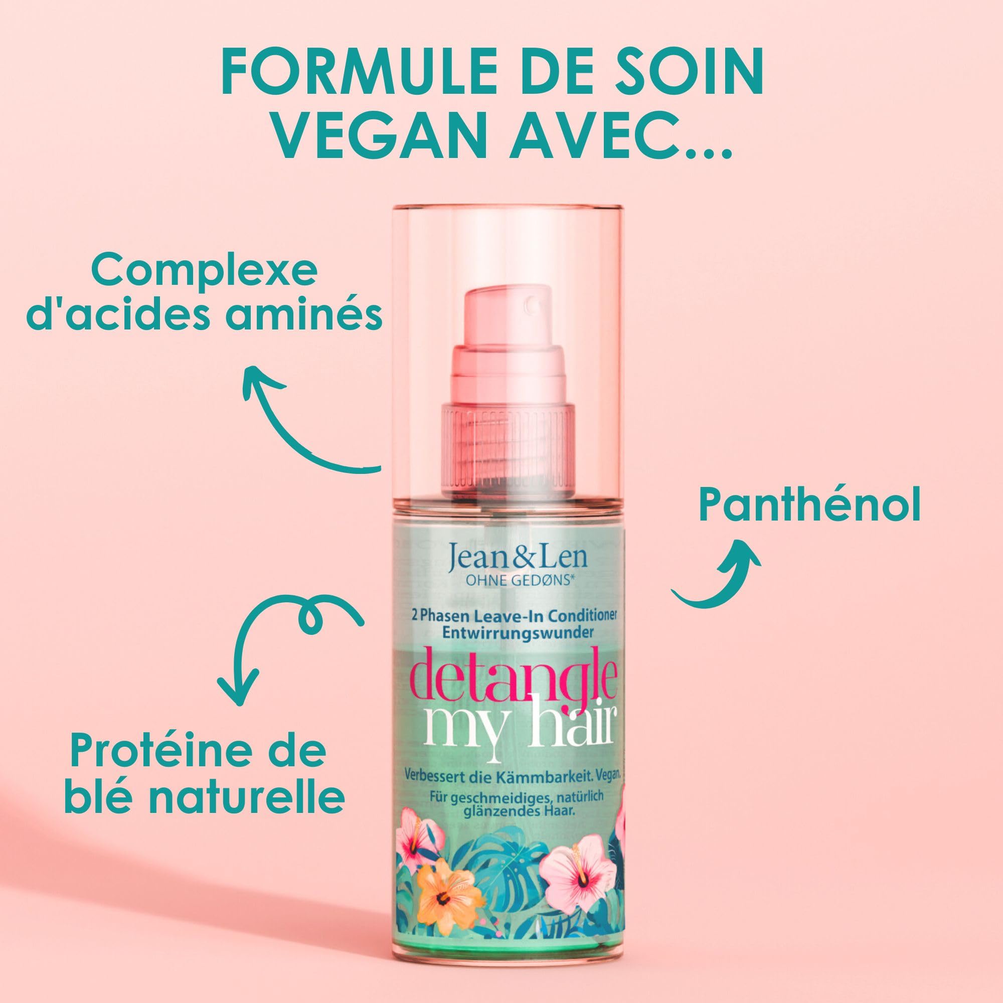 Jean & Len Leave-In Conditioner démêlant biphasé, pour tous types de cheveux, démêle & facilite le coiffage, Detangling Spray, sans silicones & parabènes, végane, 100 ml