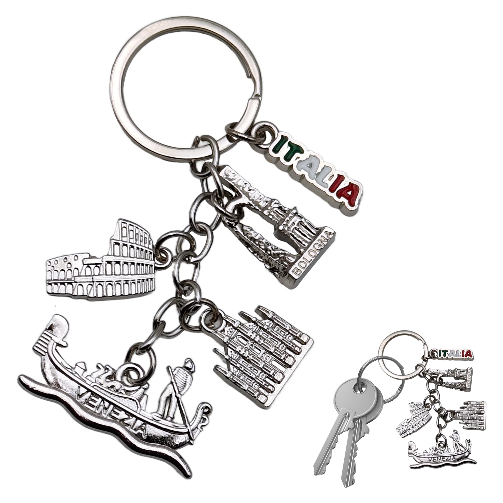 Leddy Living Unisex Multi-Coloured Italy Metal Keyring - Souvenir With Iconic Italian Cities Bologna Rome Milan Venice And Italian Tricolour Lettering, Gift Idea For Lovers Travel And Culture