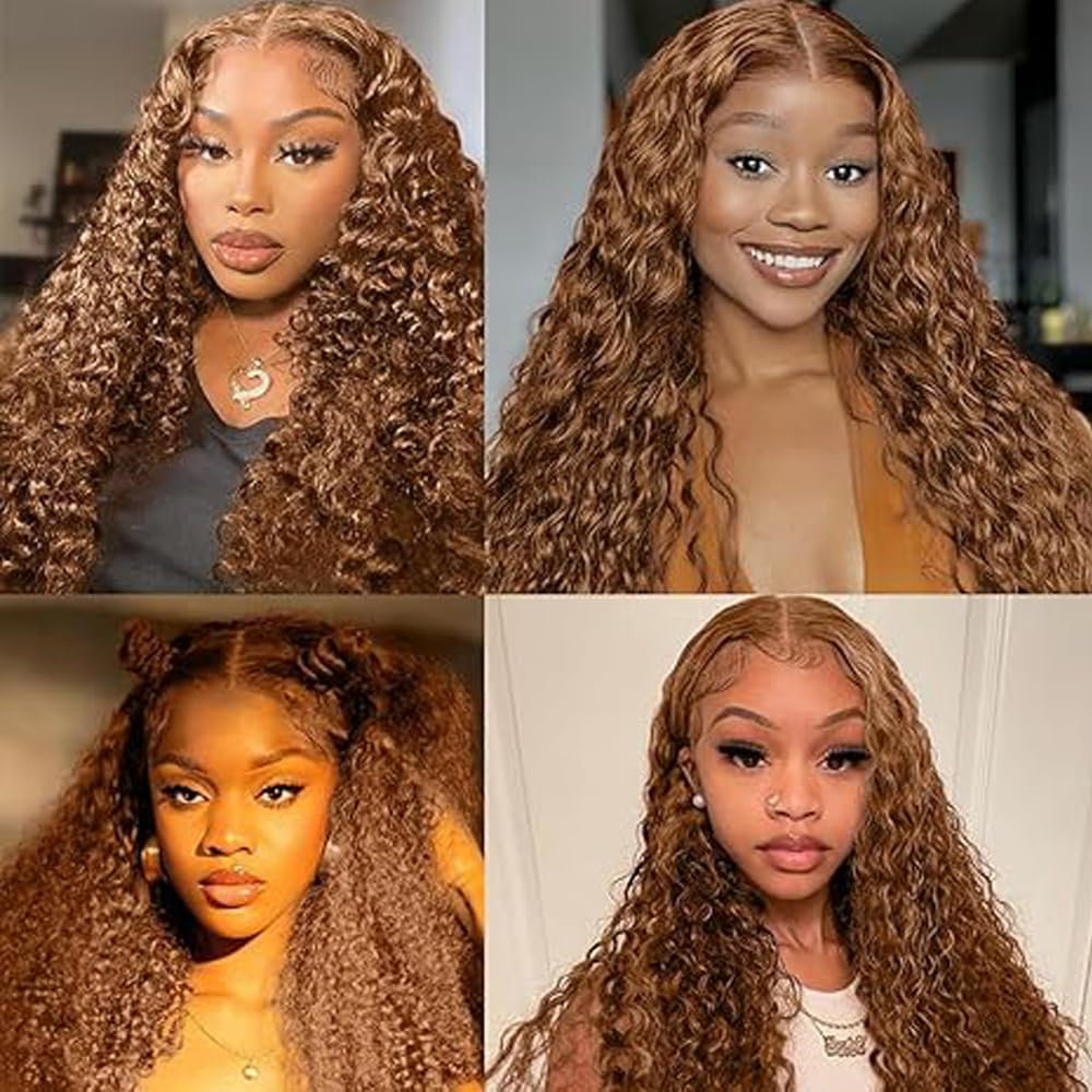 Human Hair Wig Curly Wave 4X1 Lace Parrucche Donna Capelli Veri Glueless Wear and Go Pre Plucked with Baby Hair Low Shedding #30 Light Brown for Women 24 Inch
