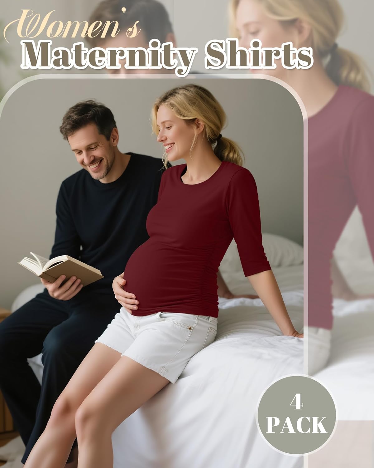 4 Pack Women's Maternity Shirts, Half Sleeve Side Ruched Tops Crew Neck Summer Casual Pregnancy Clothes - Image 4