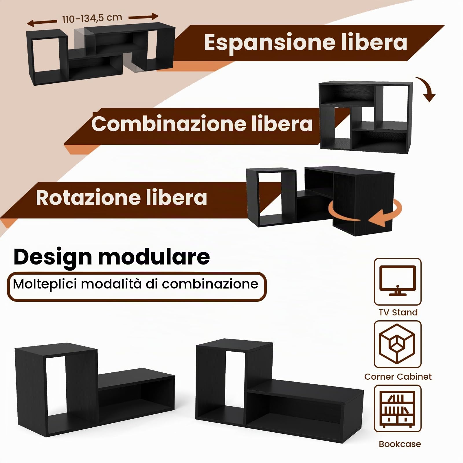 GIANTEX Mobile per TV, combinabile, in legno, 2 pezzi, per TV fino a 60 pollici, scaffale angolare multifunzionale, colore nero