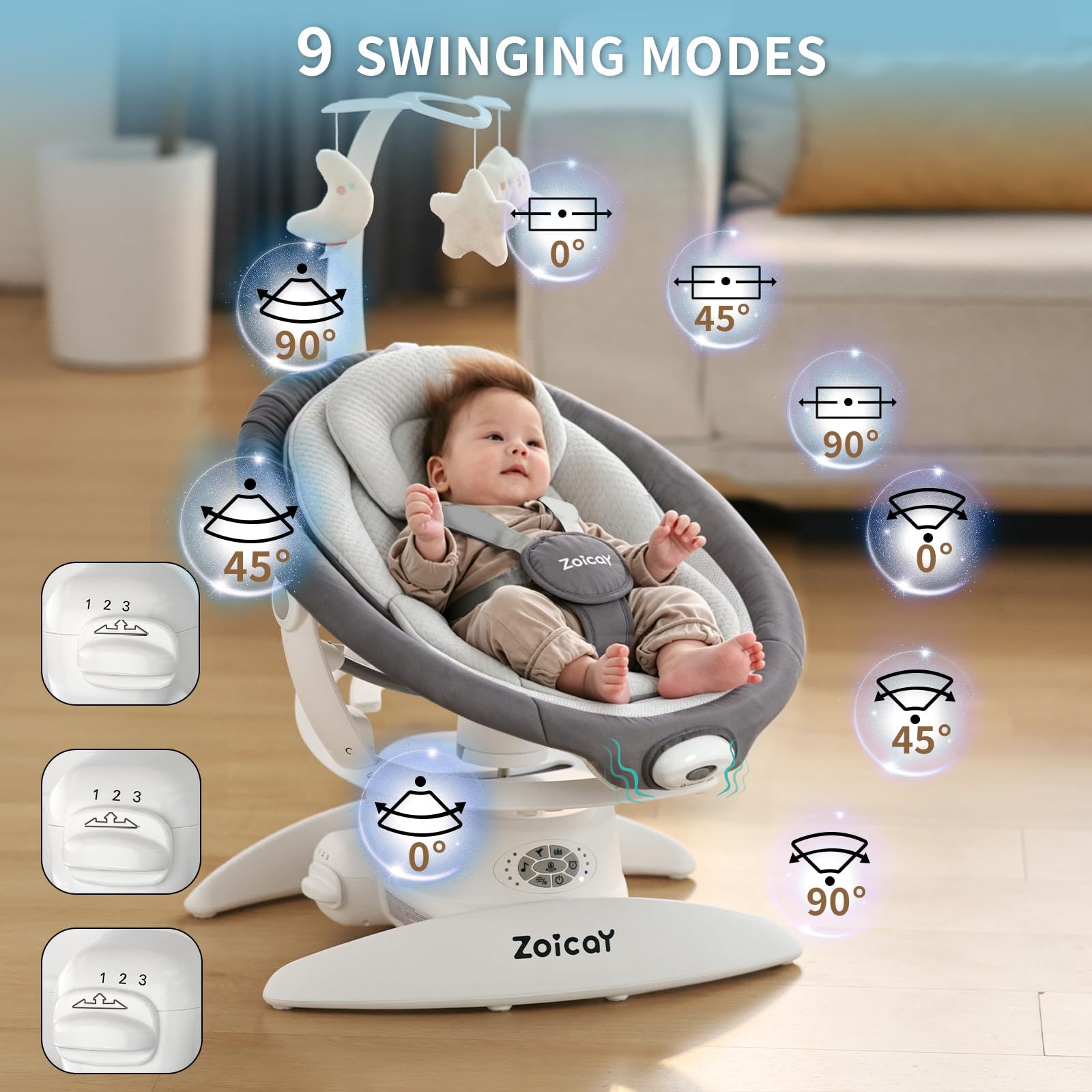Sdraiette e dondolini con rilevamento del movimento Zoicay 3-in-1 sdraietta neonati regolabile a 360° e bluetooth e telecomando funzione di timer e musica integrata per uso indoor&outdoor (Grigio)