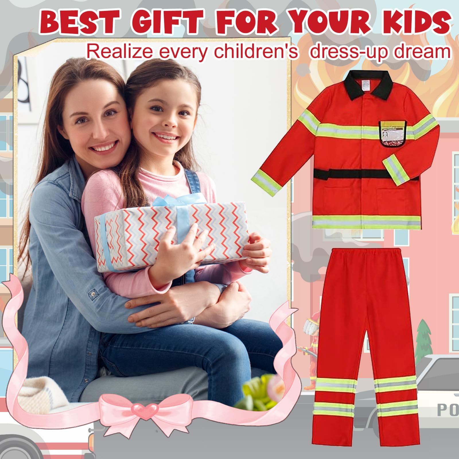 Luckyou Vestito Pompiere Bambino Costume da Pompiere per Bambini con Accessori Costume da Capo dei Pompieri Esercitazioni Antincendio Cosplay Halloween Carnevale