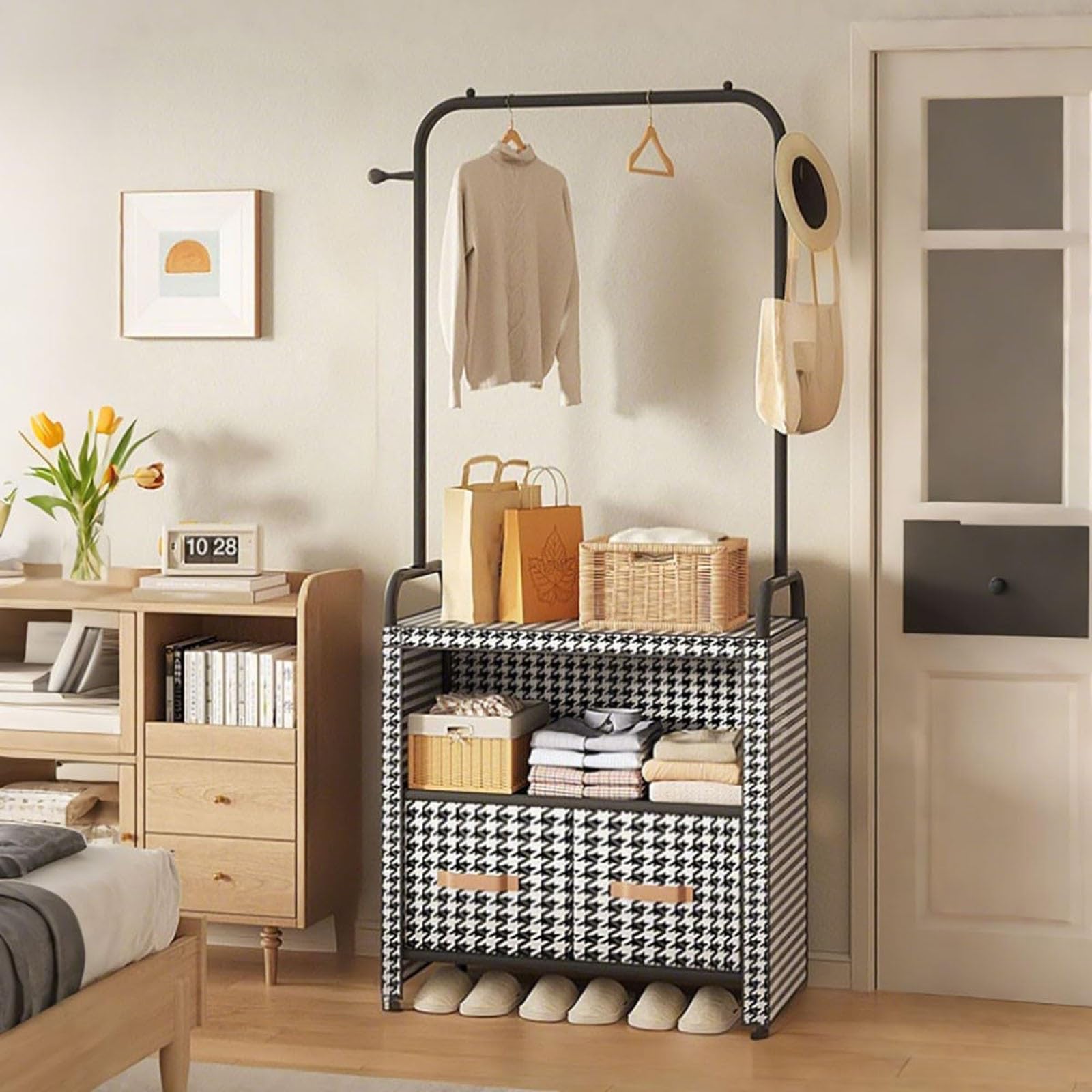 LWJSOCP Metal Coat Stand With Shoe Bench Storage Removable Hanger Hooks Hanging Rail Coat And Shoe Rack For Entryway Shoe Display Rack Unit For Hallway(Black and white2 Box)