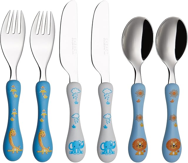 EXZACT Children's Cutlery Stainless Steel 6pcs / Kids Cutlery- 2 x Forks, 2 x Safe Dinner Knives, 2 x Dinner Spoons - Dishwasher Safe (Safari x 6)