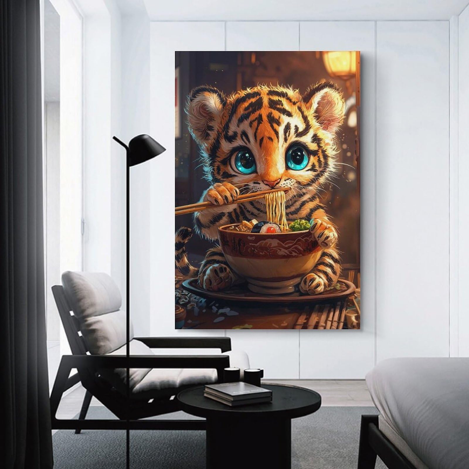 Junmoney Unframe-Style-21 Cute Tiger Eating Ramen Wall Picture Print 24X36inch(60X90cm), For Lounge Decor, Offices Or Entryway Styling, A Flexible Wall Accent For Shared Spaces