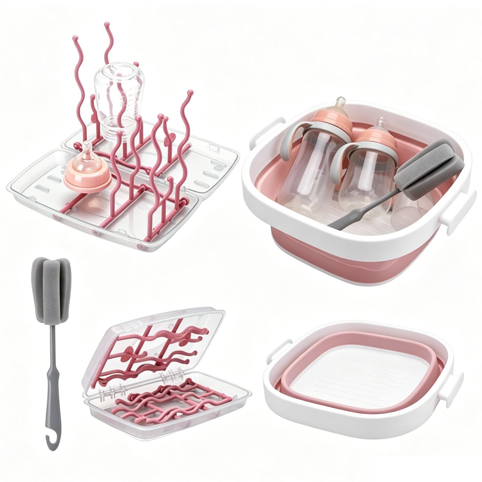 Collapsible Washing Up Bowl with Drying Rack & Sponge Brush Pink Portable Silicone Washing Up Basin with Standing Brackets Bottle Cleaning Set Space-Saving Countertop Organiser for Home & On-the-Go