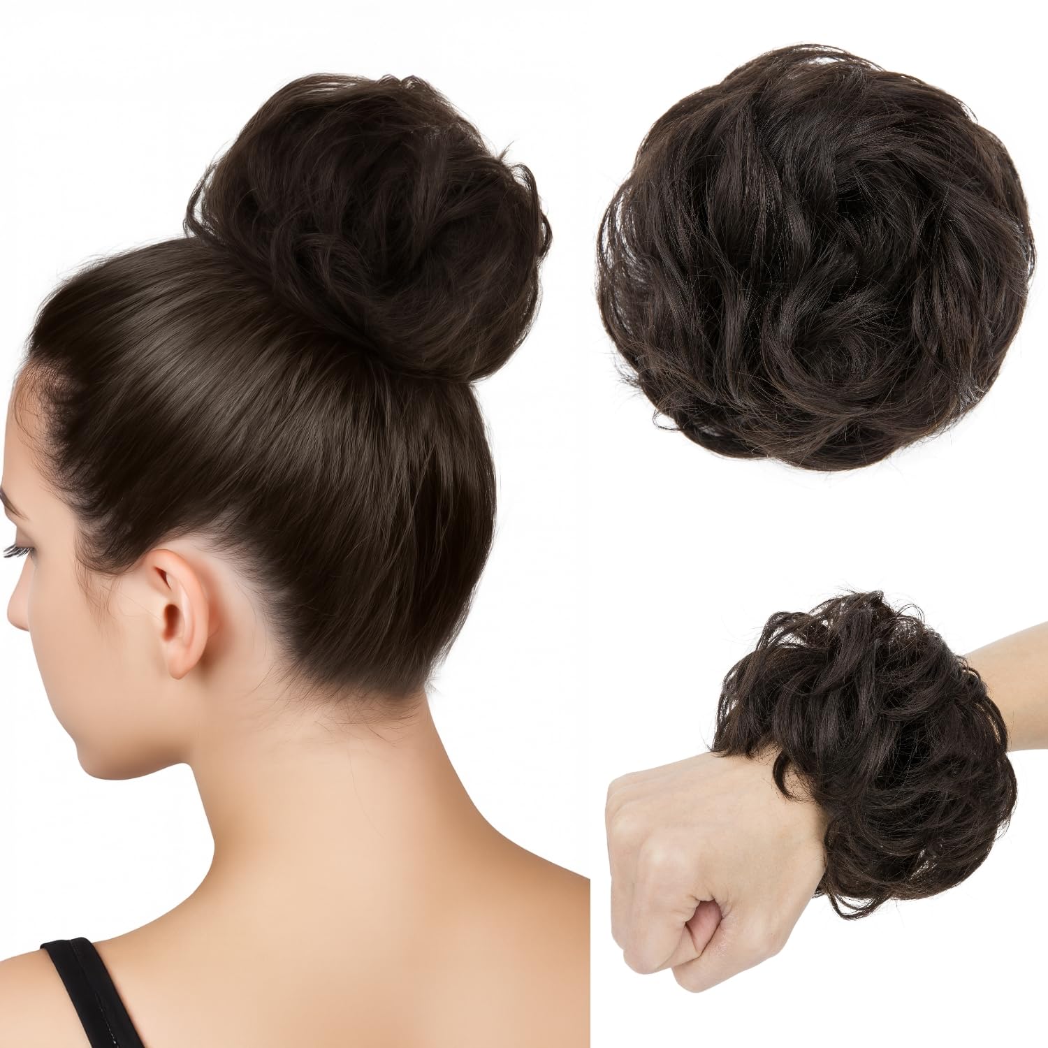 tesshair Messy Bun Hair Piece 100% Thick Tousled Human Scrunchies Natural Curly Wavy Bun Hair Piece with Elastic Band Natural Black Hairpieces for Women Girls(Natural Black