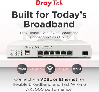 DrayTek Vigor 2865ax Ethernet Router, Wireless WiFi 6 AX3000 Dual Band, VDSL2 35b/ADSL2+, VPN, 5+1 GbE LAN Ports, Ideal For SMB | VDSL2 35b/ADSL2+, VPN, 5+1 GbE LAN Ports, Ideal For SMB