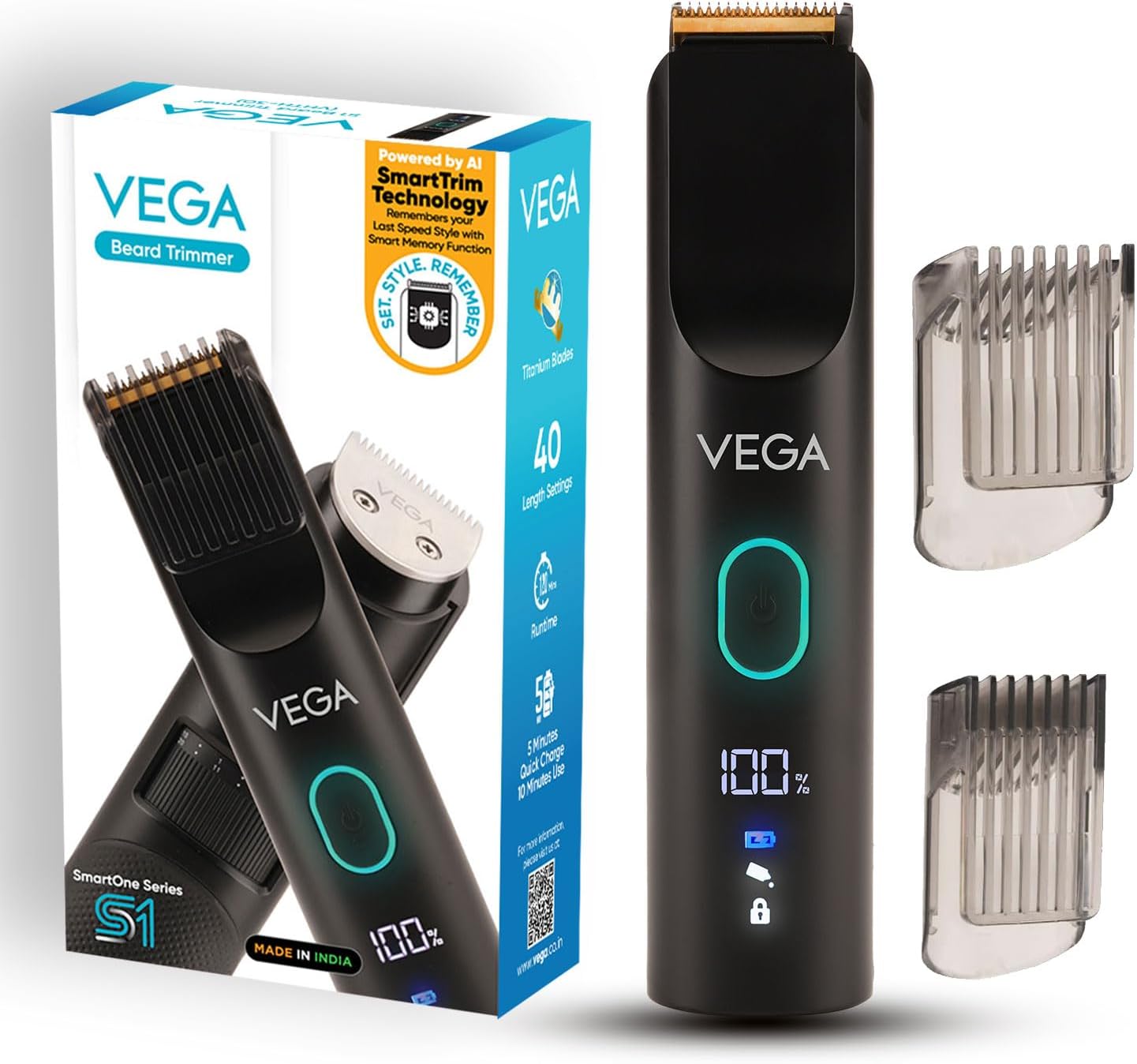 SmartOne S1 Beard Trimmer for Men with Titanium Blade, Digital Display, 120 mins Runtime, IPX7 Waterproof & 40 Length Settings, 3 Unique Speed Mode Black (VHTH-30)