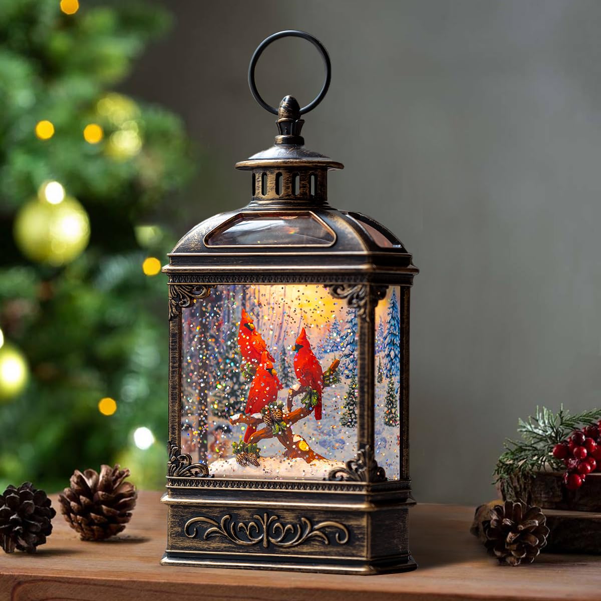 Christmas Snow Globe Lantern 3 Cardinal Perched on a Branch Musical Snow Globe with Swirling Glitter, Christmas Holiday Party Gifts and Decorations