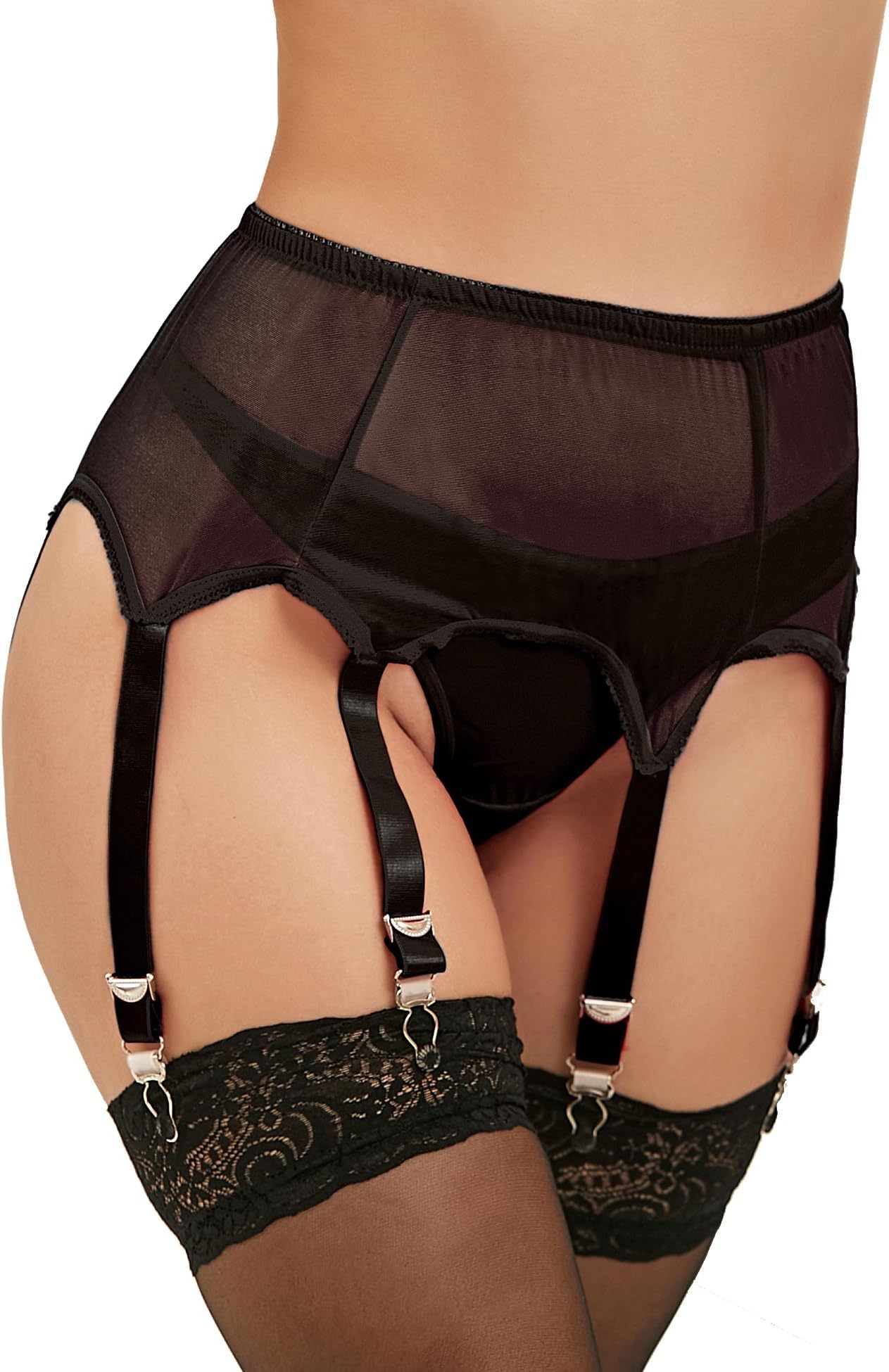 comeondear Women Mesh Suspender Belt Sexy Garter Lingerie Set with 6 Adjustable Straps & Matching Thong for Thigh Stocking UK Plus Size 8-22