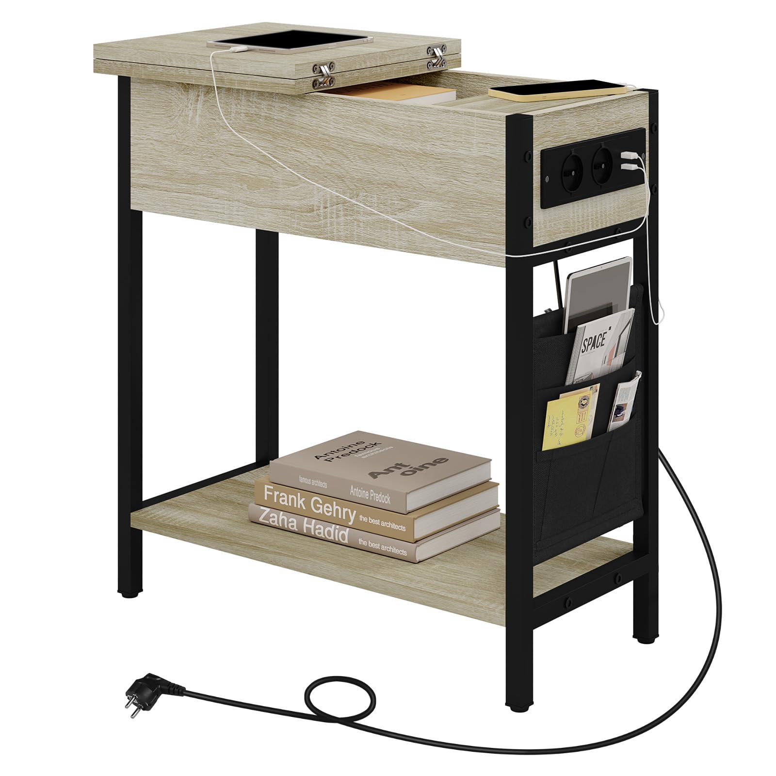 EUGAD Tavolino da Salotto con Area di Ricarico, Tavolino da Divano Laterale, Comodino con Piano Ribaltabile, Scatola in Tessuto, 2 Prese e 2 Porta USB, Rovere Chiaro