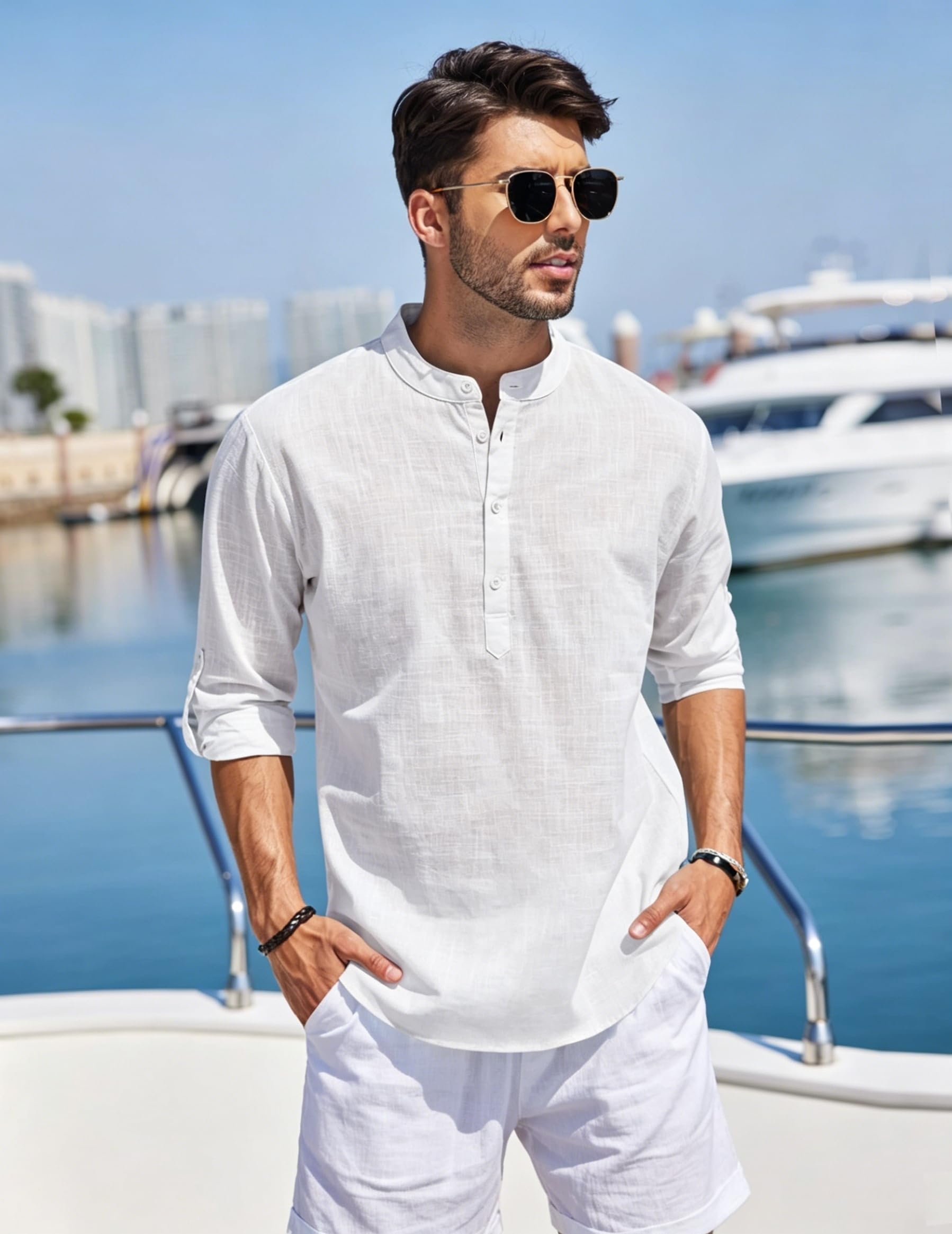 Cegerne Camicia Lino Uomo Maniche Lunghe Estiva Leggera Traspirante Henley Casual Maglietta Casacca Vacanze Spiaggia