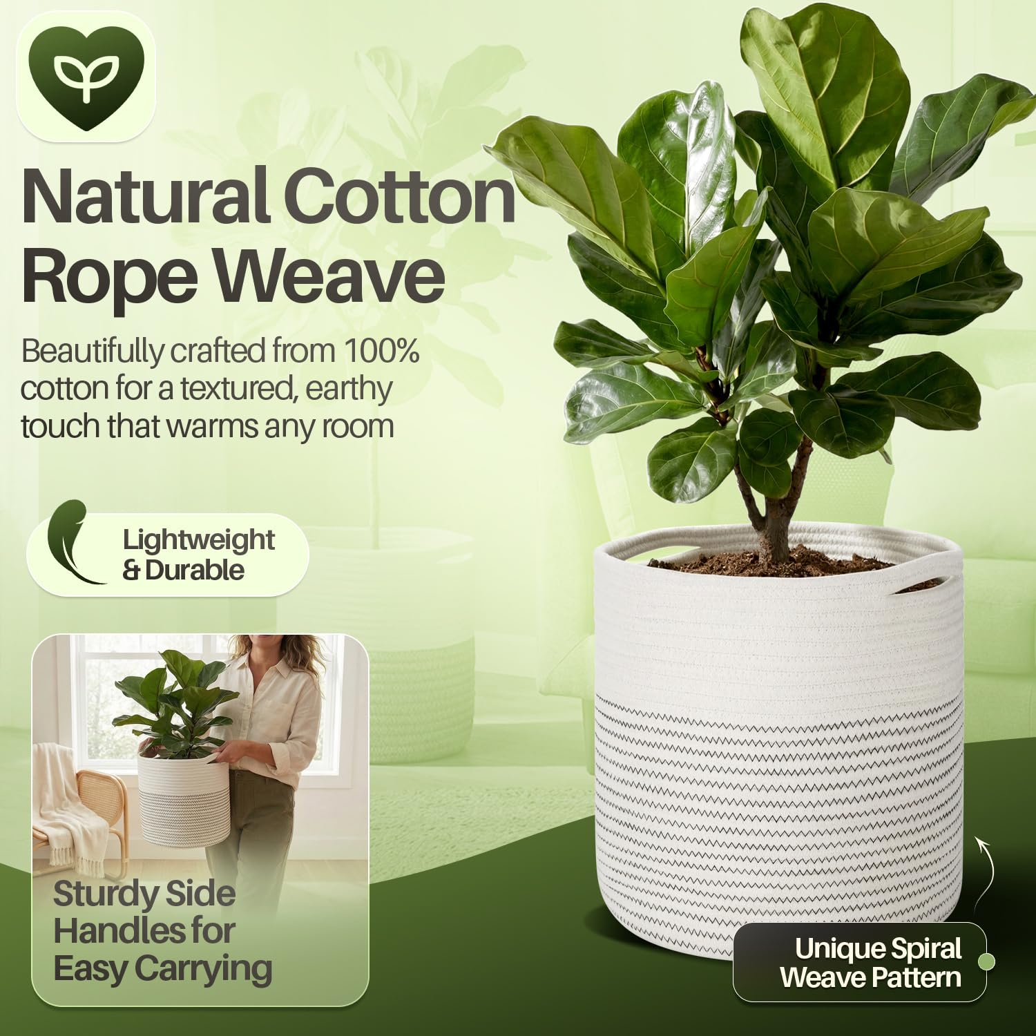 Flexzion Pflanzkorb (2 Stück) Moderner Urban Boho Baumwollseilkorb für den Innenbereich (bis zu 27,9 cm Blumentopf), Makramee, gewebter Aufbewahrungskorb mit Griffen, Heimdekoration, Aufbewahrung,