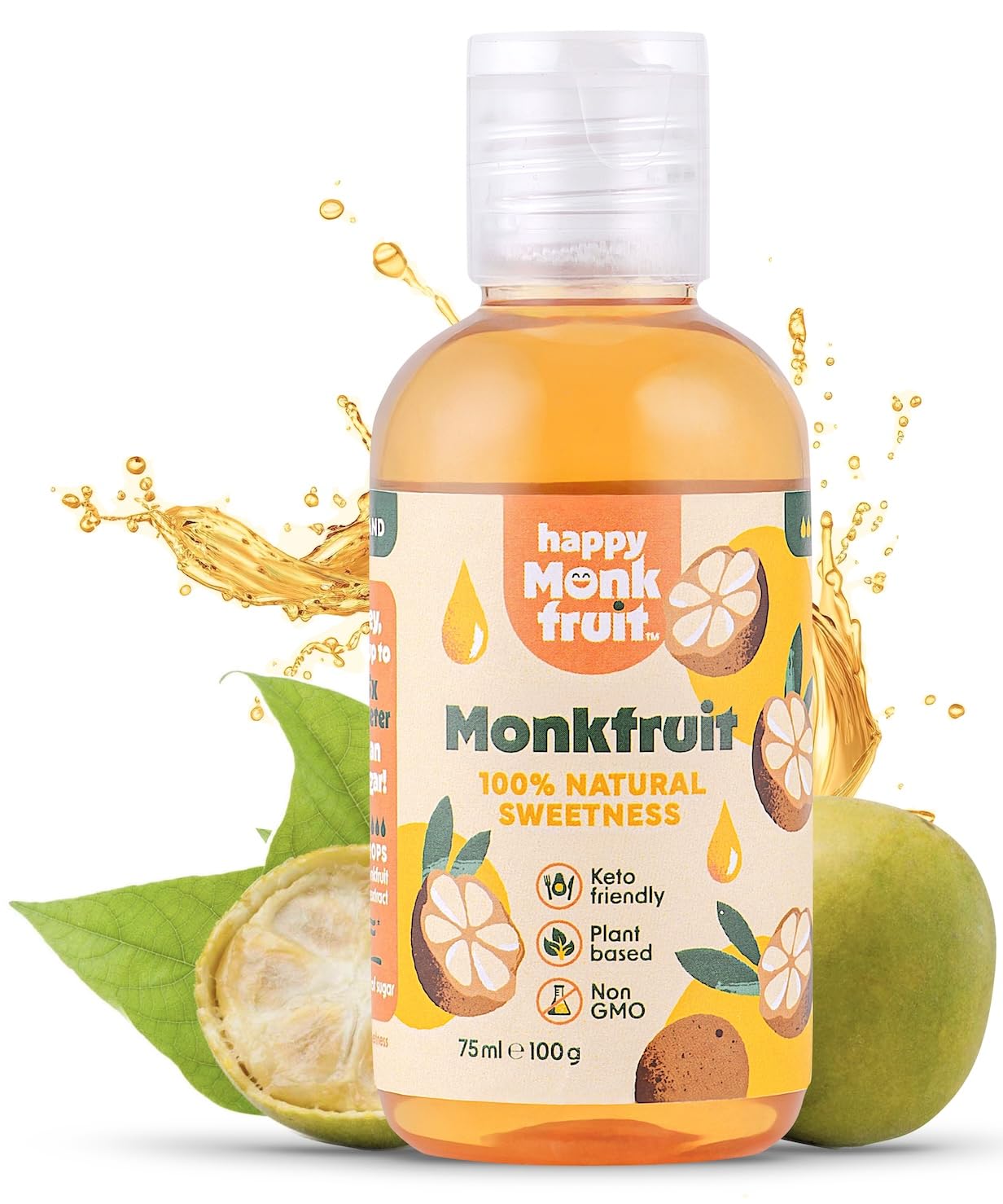 Fruit du Moine Édulcorant 75ml Gouttes, 250 Portions, 15x Plus Sucré que le Sucre - Monk Fruit Pur Sans Érythritol ni Stévia - Substitut du Sucre Naturel, Keto, Végan | Happy Monkfruit®