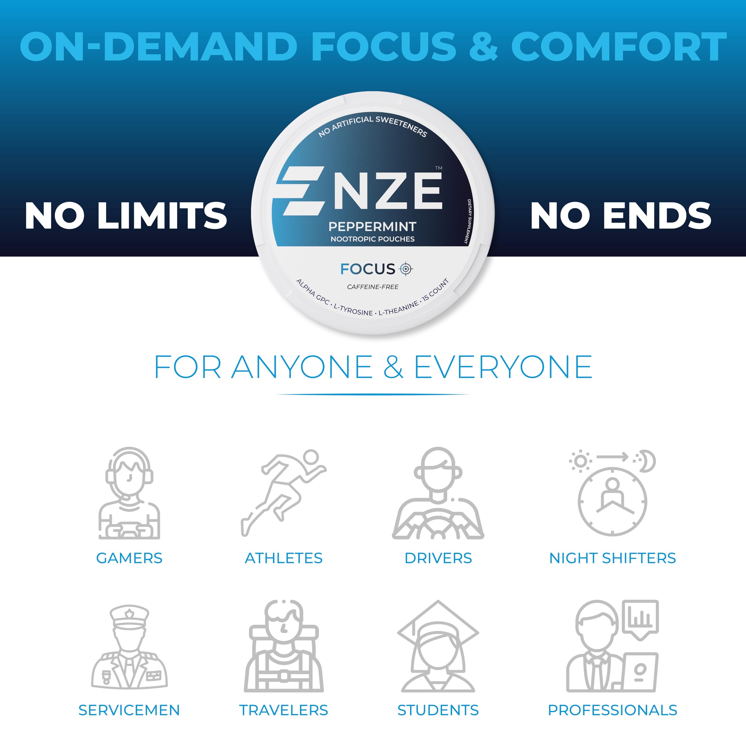 NZE Caffeine Free Nootropic Pouches (Peppermint) - Nootropic Pouches with Alpha GPC, L-Tyrosine & L-Theanine - No Sugar or Artificial Sweeteners - 15 Nicotine Free Pouches Per Can - 5 Pack — Amazon image 6