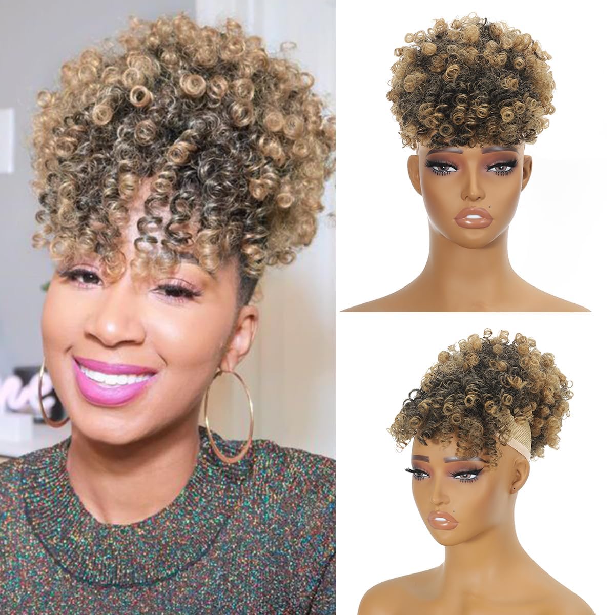 SuyiIRL Afro Puff Drawstring Ponytail with Curly Hair Clip in Bangs Short Natural Hair Curly Ponytail Extension for Women Ponytail
