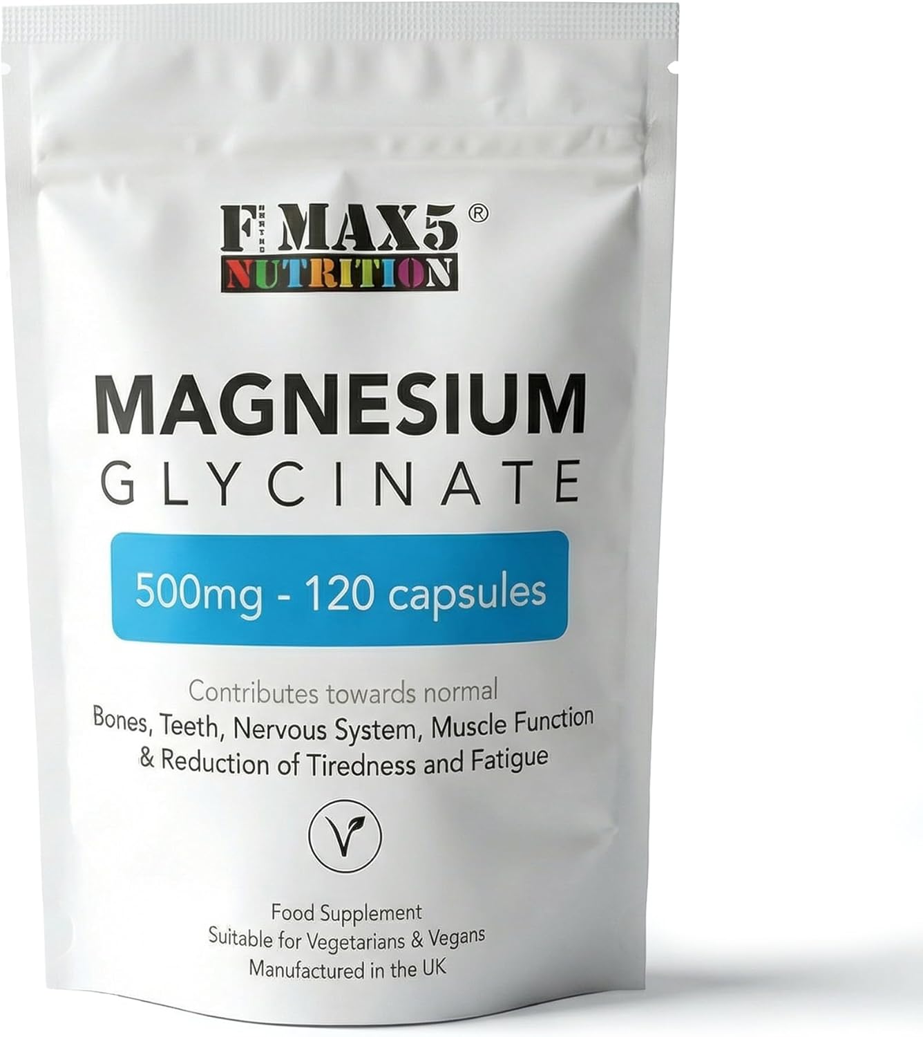 Magnesium Glycinate 500mg Supplements as Bisglycinate, 120 Vegan Capsules, High Absorption / Bioavailability – 100mg Elemental, UK Made