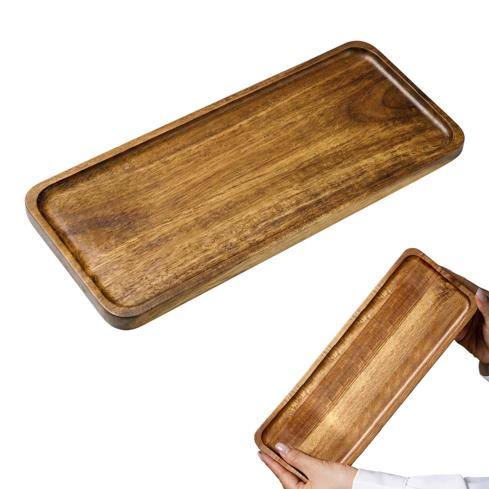 Voskilon Wooden Tray Acacia Wood Rectangular 29.5 x 10.5 cm Small Wooden Tray for Coffee Table Kitchen Counter Bathroom Tray Decorative Tray for Candle Keys Vanity Organiser Rustic Style Raised Edge