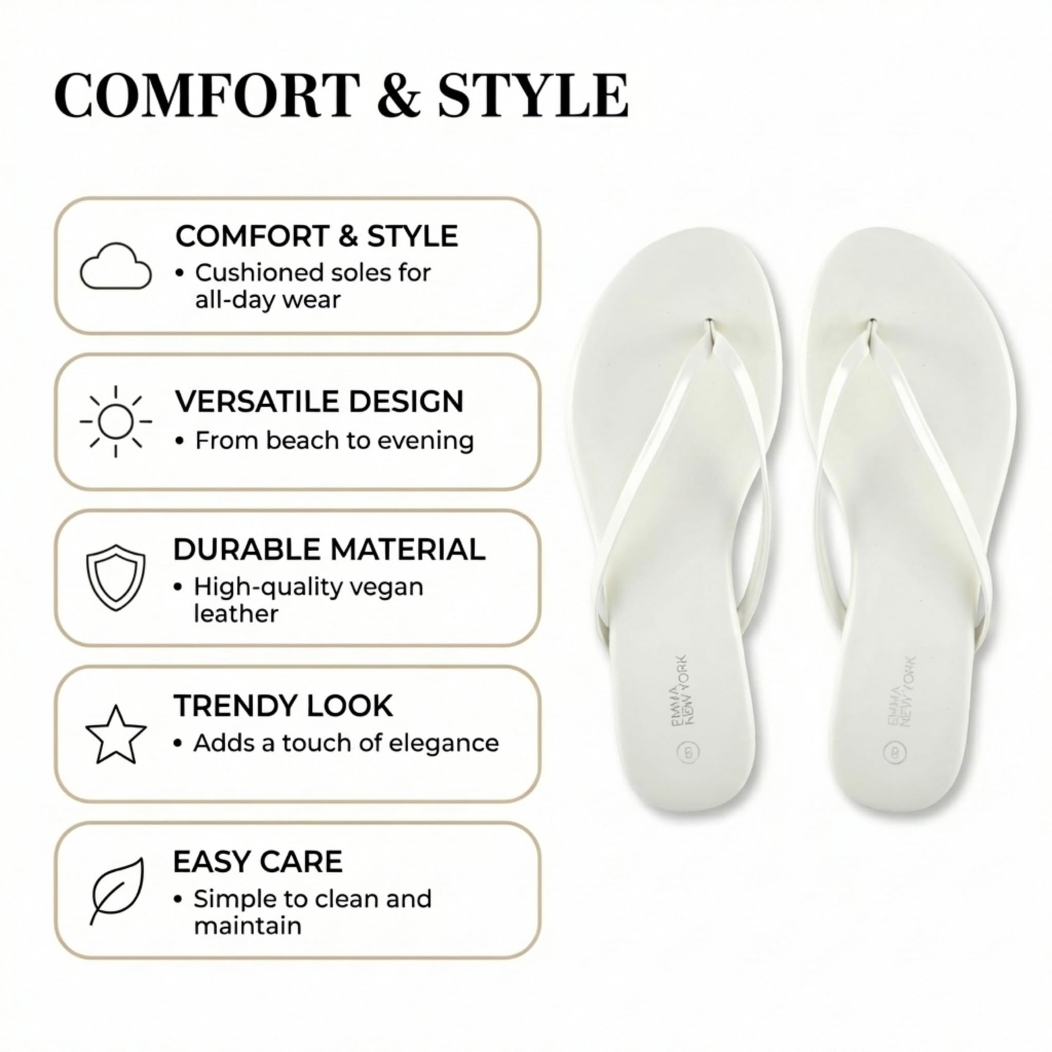 EMMA NEW YORK Flat Sandals for Women, Thong Flip Flops for Women, Cushioned Footbed, Slim Strap (White Patent, 9)