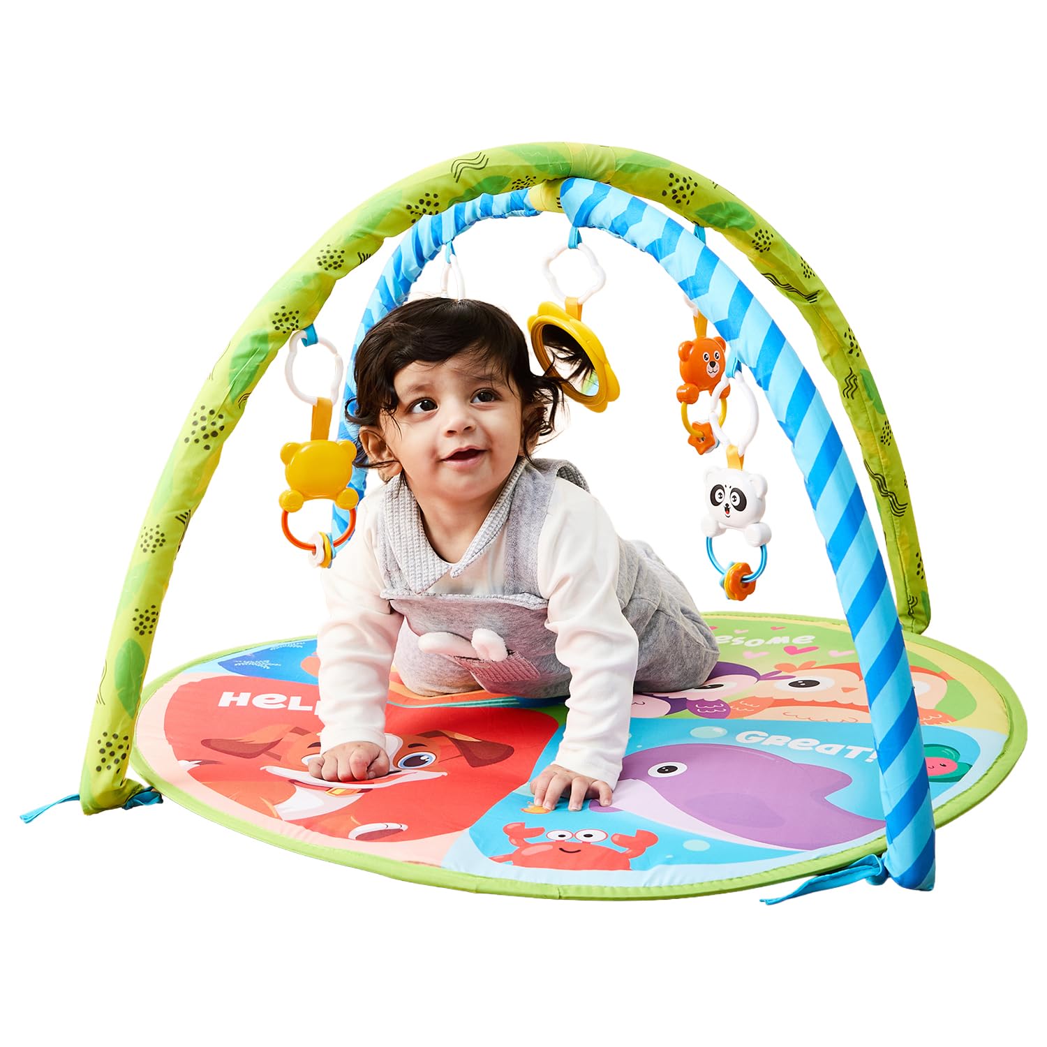 Amazon Brand - Supples Baby Play Gym Mat | Activity Play Gym with Hanging Toys | 2-in-1 Baby Mat for 2+ Months | Animal Print | Multicolor | Soft Baby Bedding