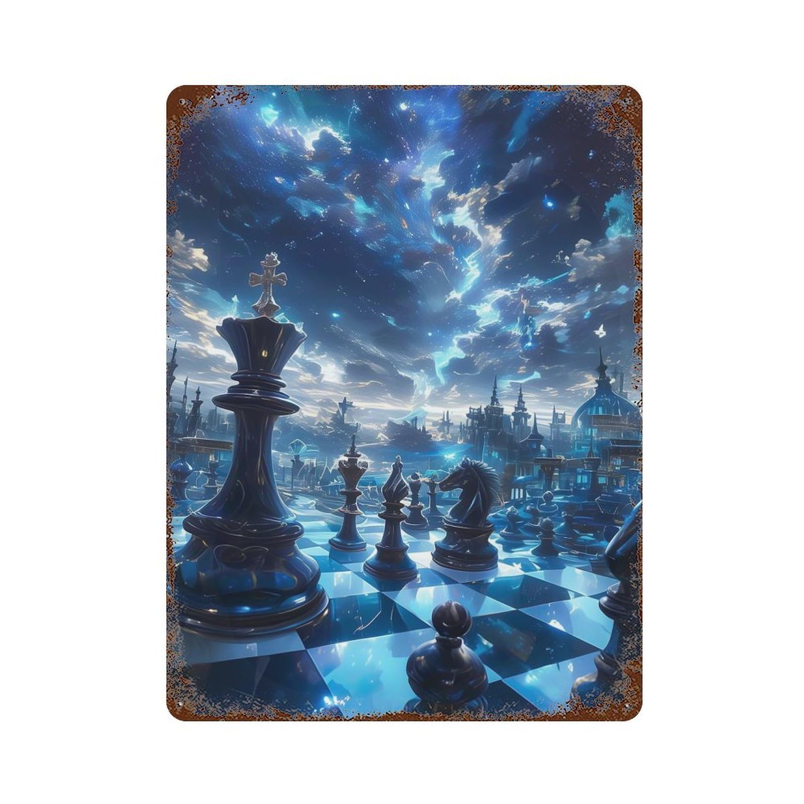 Vintage Rust Metal Sign Chess in Space Galaxy 15.7"x11.8", Novelty Wall Decor for Garage, Bar And Workshop Decor