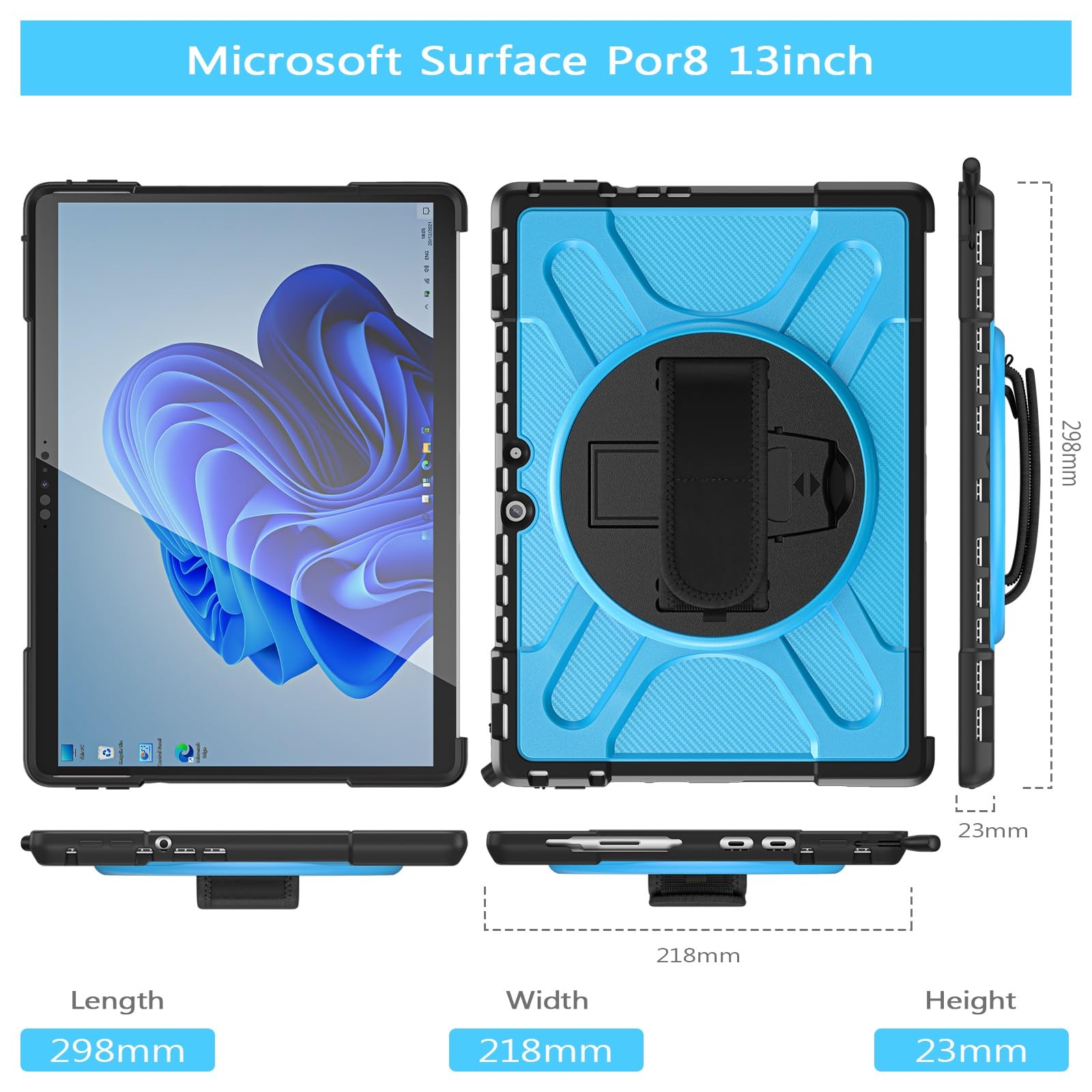 Étui Surface Pro 8 13” – Coque Antichoc Avec Support Rotatif 360°, Poignée Et Dragonne