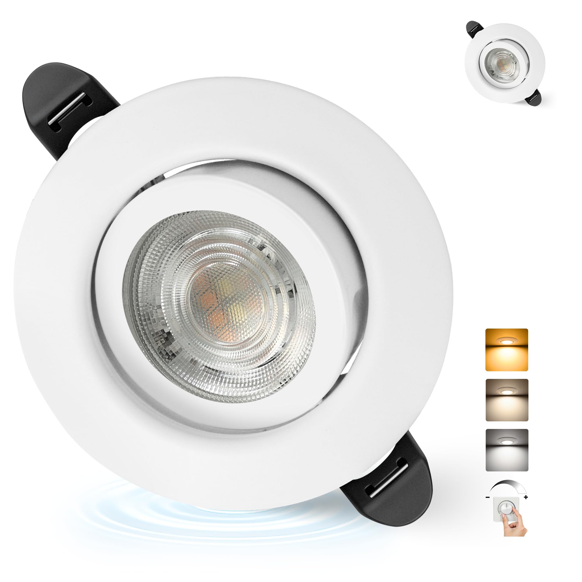 Aulaiyi LED Einbaustrahler 230V Dimmbar 68mm 5.5W IP44 LED Spots Ultra Flach Deckenspots 45° Schwenkbar Einbauleuchten 3000K/4000K/6000K Spots Deckenleuchte für Bad Wohnzimmer Küche, Weiß 1er Set