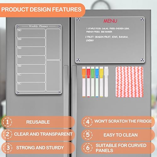 Miniatura 5 de Pizarra magnética de acrílico de 2 piezas para menú, calendario semanal para refrigerador, pizarra de borrado en seco para refrigerador,