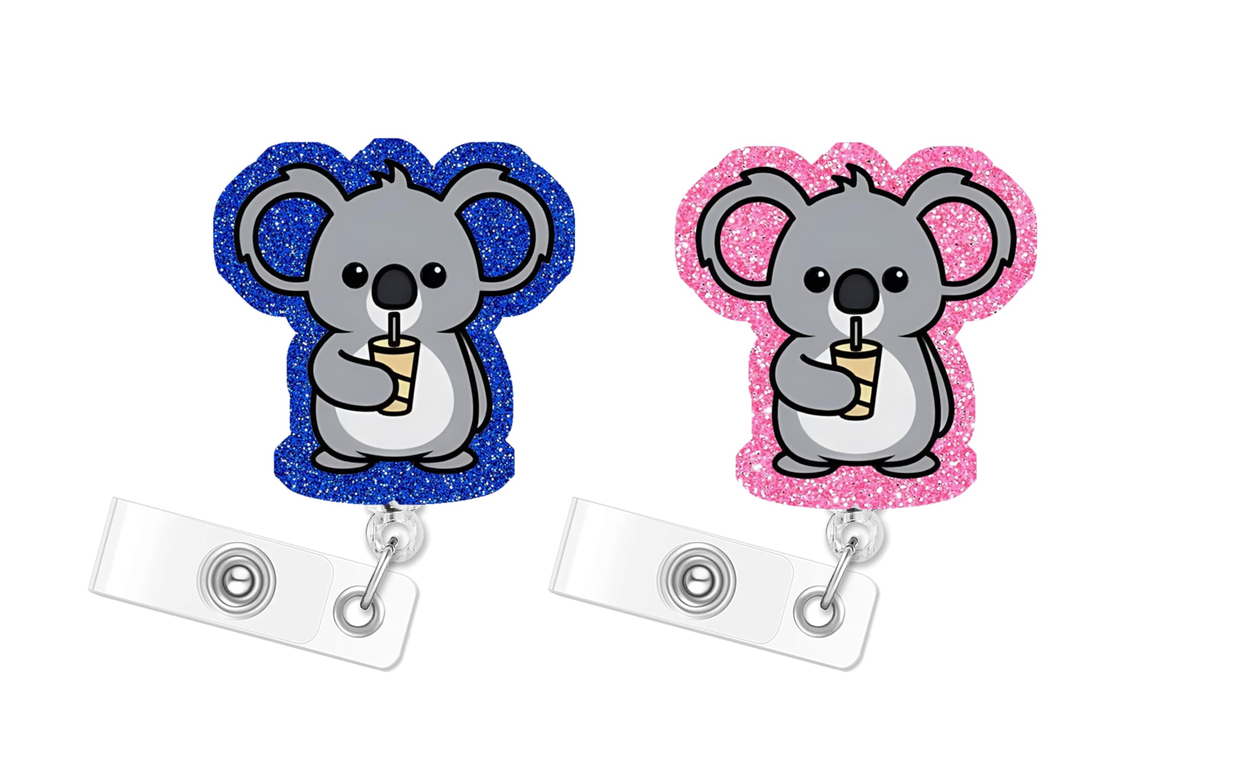 2p Badge Reel Koala Drink Water Retractable ID Clip Badge Reel Holder Funny Cute Acrylic Badge Accessories for Unique Nurse Office Worker Teacher