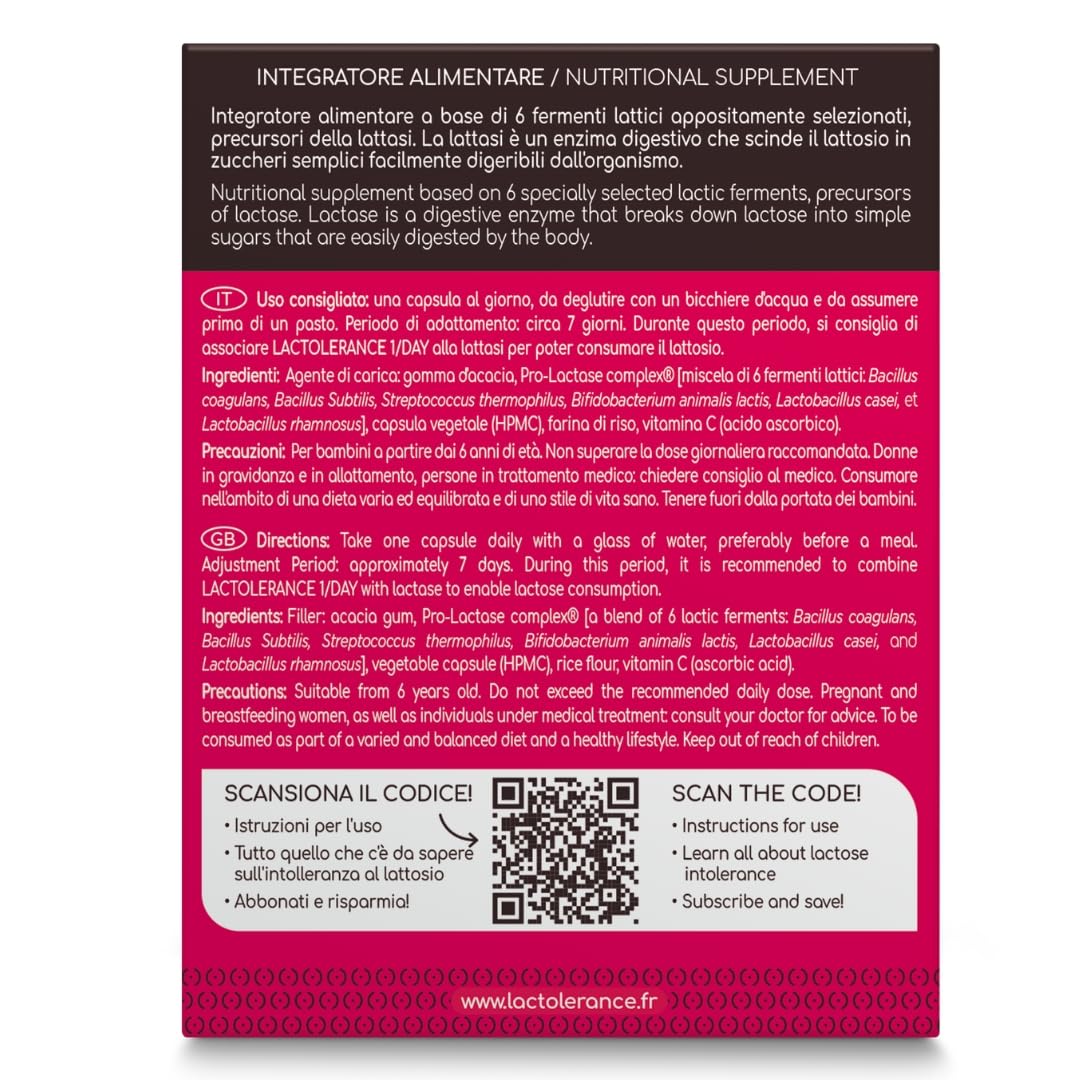 LACTOLERANCE 1/DAY Probiotici Precursori di Lattasi, 24h, 180 Capsule | 1 sola assunzione al giorno, protezione continua 24 ore su 24, fermenti lattici, confezione 6 mesi