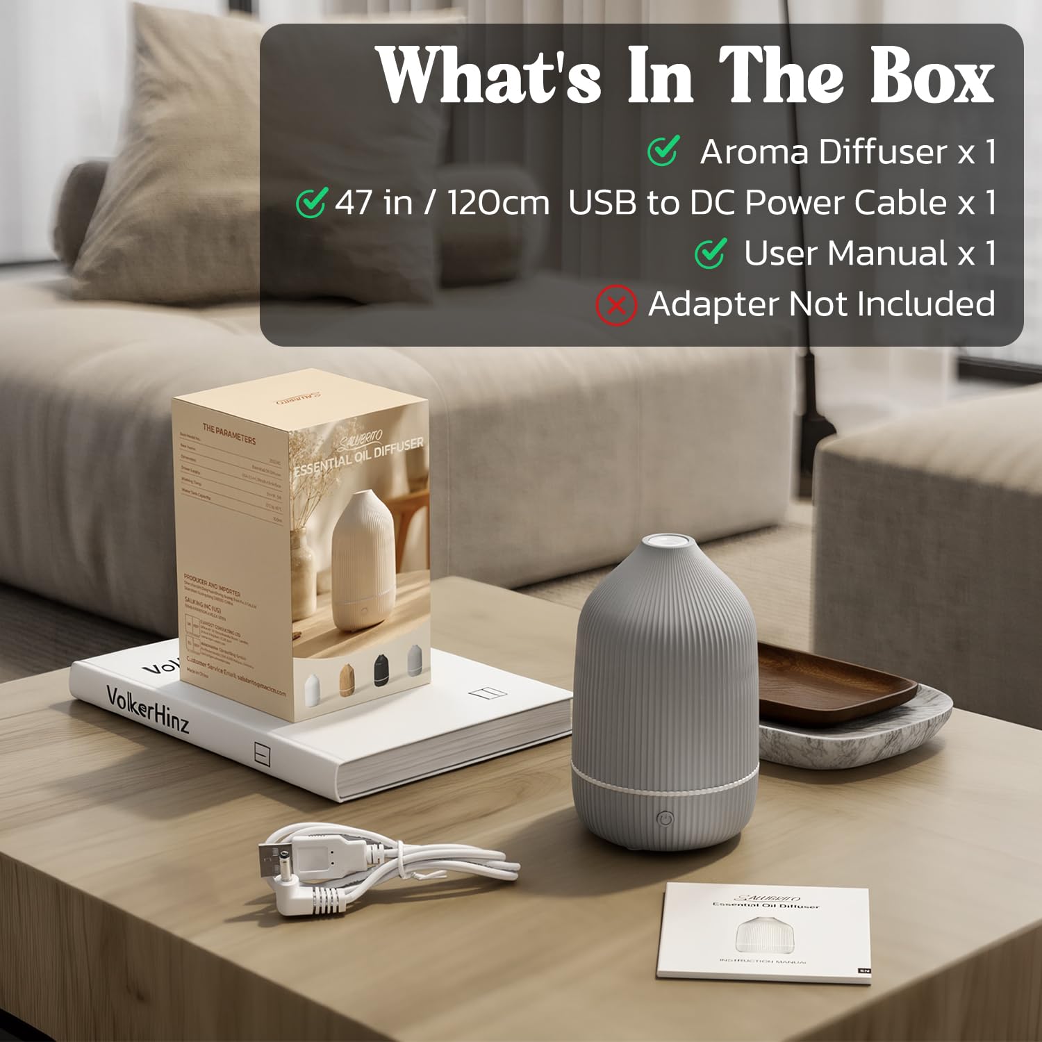SALUBRITO Aroma Diffuser, 100ml Grau Diffusor für ätherische Öle, Ultraschall Aromatherapie Diffuser, Klein Diffuser für Zuhause Büro Yoga, Geschenk für Frauen