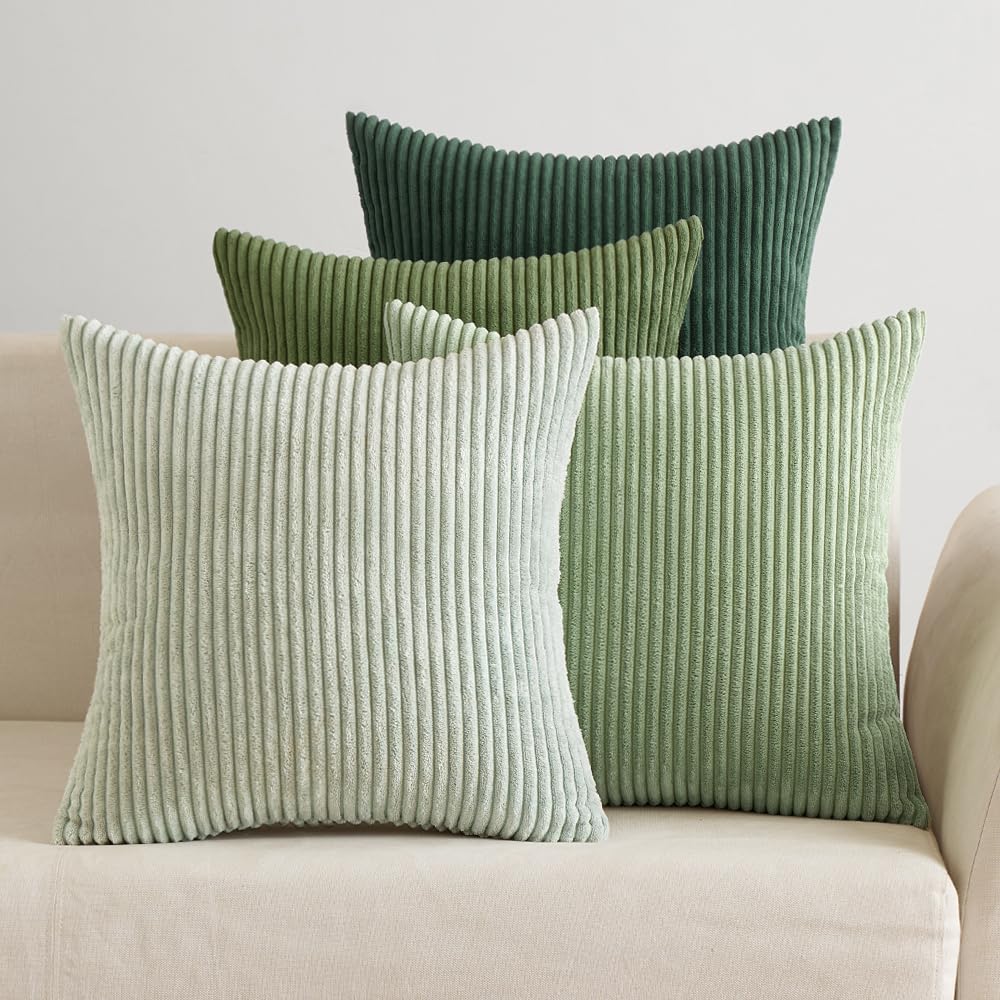EMEMA Cushion Cover 4 Pieces 45 x 45 cm for Sofa, Corduroy Pillow Case, Super Soft Corduroy Cushion with Stripes Modern Decoration for Sofa Chair Bed Living Room Bedroom Green-Salvia Series