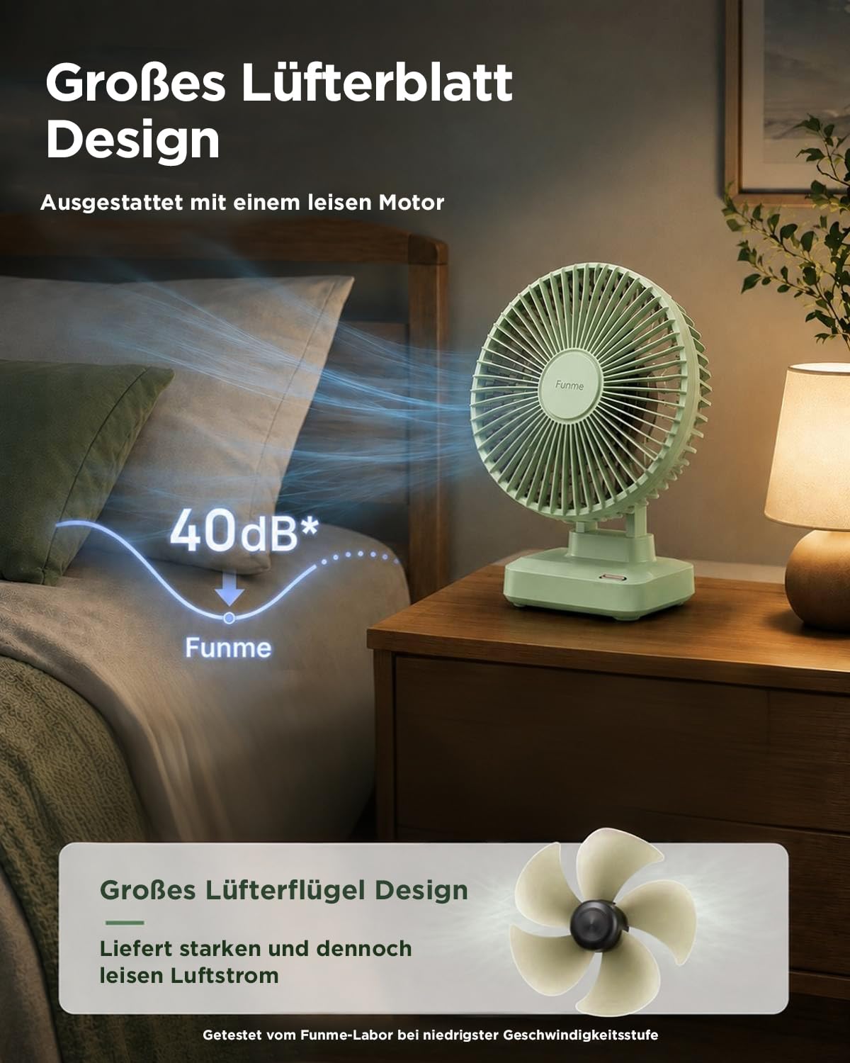 Funme Tischventilator 10000mAh Akku 29H, 90° Neigbar 3-Stufen Desktop Ventilator Leiser, Ventilator für Zuhause, Büro, Schlafzimmer, Reisen, Camping, Grün