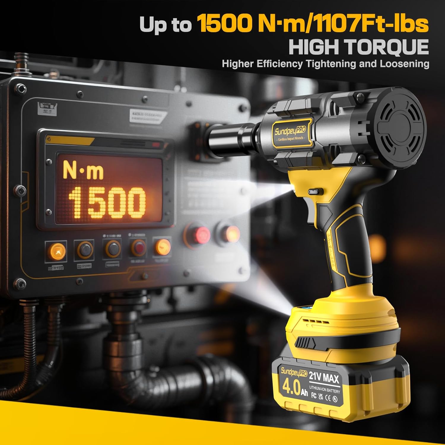 1/2" Cordless Impact Wrench - 1107Ft-lbs（1500N·m）21V 3 Speed High Torque Brushless Impact Gun with 2 x 4.0Ah Batteries & Charger & 6 Sockets & 5" extension bar for Tire Removal Rusted Bolts